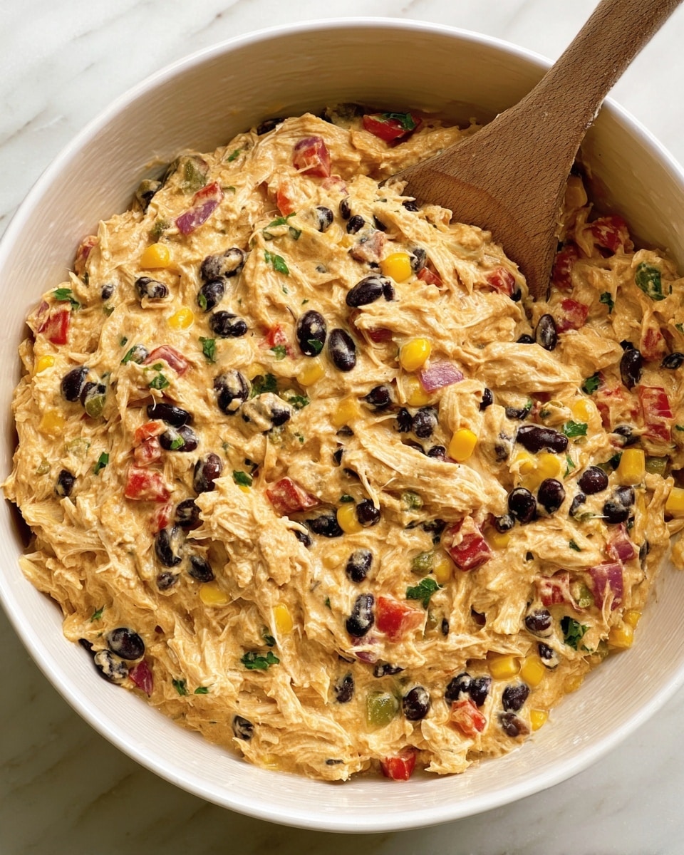 In a white bowl, there is a creamy mixed dish with three main layers of texture: shredded light yellow chicken, smooth light orange sauce, and small chunks of black beans, yellow corn, red bell pepper, red onion, and green herbs spread evenly throughout. The dish looks thick and mixed well with a wooden spoon resting on the side of the bowl. The bowl is placed on a white marbled surface. Photo taken with an iphone --ar 4:5 --v 7