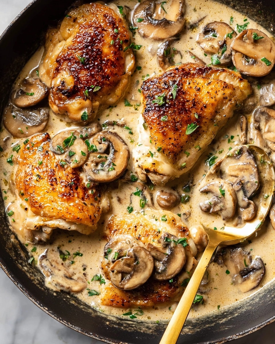 The image shows a close-up of three golden brown cooked chicken pieces lying in a creamy light beige mushroom sauce. The chicken skin appears crispy with some darker browned spots. Around and on top of the chicken, there are several soft cooked mushroom slices that are light brown with darker edges. Fresh green herbs are sprinkled over the dish giving a fresh contrast to the beige sauce and golden chicken. A shiny golden spoon is resting on the right side, partially covered with sauce and mushrooms. The food is all inside a black skillet, sitting on a white marbled surface. The photo taken with an iphone --ar 4:5 --v 7