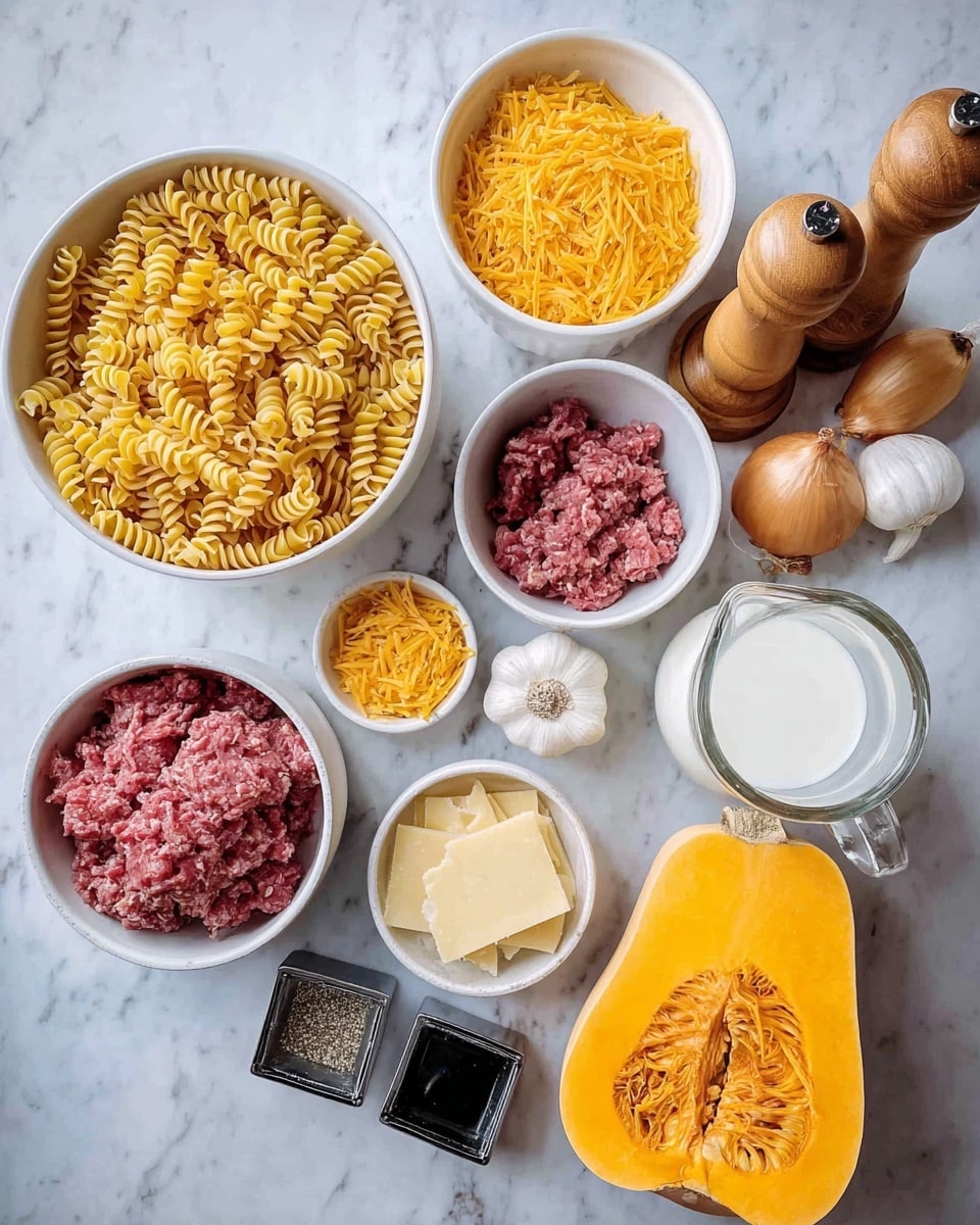 The image shows an arrangement of cooking ingredients placed on a white marbled surface. At the center is a white bowl filled with uncooked spiral pasta in light yellow color. Surrounding it are five white bowls: one with shredded pale yellow cheese, one with bright orange shredded cheese, one with raw ground meat that is a mix of red and pink, and one with large shaved pieces of pale cheese. To the right, there is half of a bright orange butternut squash with seeds visible inside. Near the top right corner, there are two wooden pepper and salt grinders, a bulb of garlic, an onion with golden skin, a glass bottle with a cork top, and a glass measuring cup filled with milk. In between, there are two small square containers with black tops, likely holding spices or seasoning. The setting is neat with all elements clearly shown, photo taken with an iphone --ar 4:5 --v 7