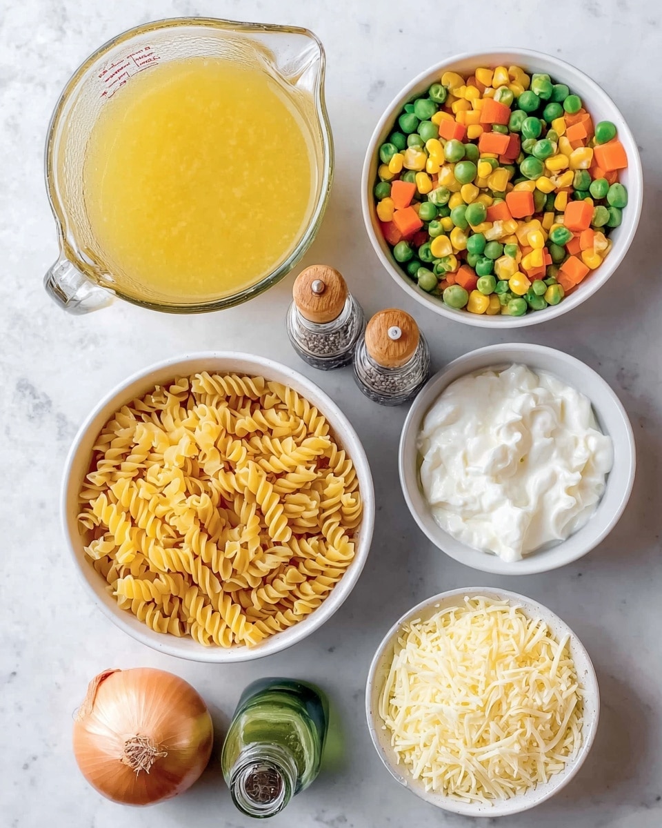 A top-down view of six separate items arranged neatly on a white marbled surface: a clear glass measuring cup filled with yellow broth on the left, two wooden salt and pepper shakers with metal tops placed next to it, a white bowl full of mixed colorful vegetables including green beans, peas, carrots, and corn in the top right, a white bowl of uncooked spiral pasta below the broth, a white bowl of shredded light yellow cheese next to the pasta, and a white bowl filled with thick white cream near the bottom right corner beside a small green bottle with a cork. An unpeeled onion and a whole garlic bulb sit at the bottom left. photo taken with an iphone --ar 4:5 --v 7