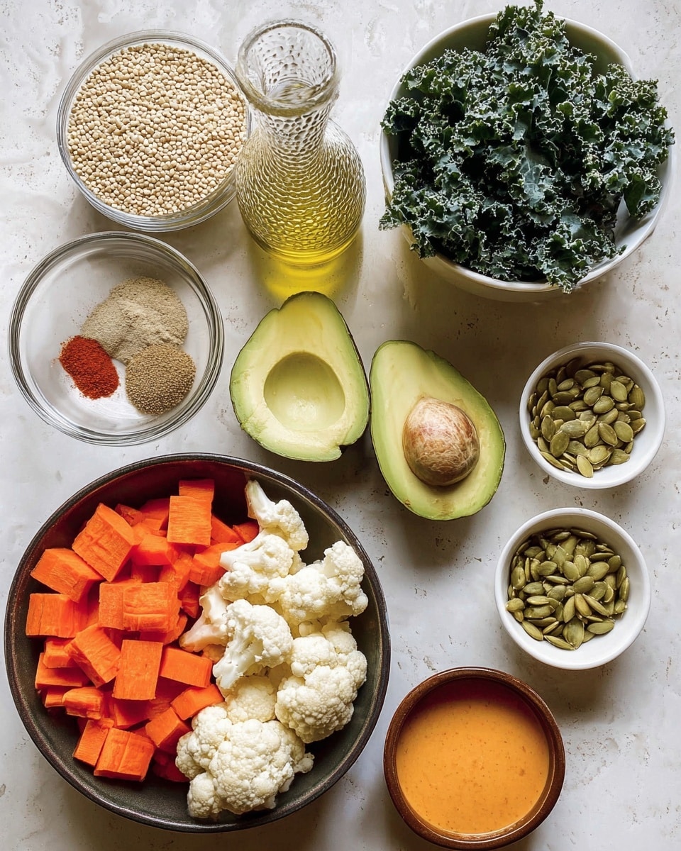 The image shows several ingredients placed on a white marbled surface. In the lower right, a dark bowl holds two layers: bright orange carrot pieces on the left side, and white cauliflower florets on the right side. To the left, a small clear container is filled with small, round, light beige quinoa seeds. Above it, a white bowl contains dark green curly kale leaves. Near the center, two halves of a green avocado rest side by side, one half showing a large light brown seed. Above the avocado, a clear glass bottle with textured sides holds golden yellow olive oil. Next to the oil, a small round white bowl is filled with light green pumpkin seeds. Another small white bowl on the right contains a smooth orange sauce. In the top center, a small brown bowl is divided into four sections, each containing different powdered spices in colors of light brown, red, beige, and reddish-brown. photo taken with an iphone --ar 4:5 --v 7