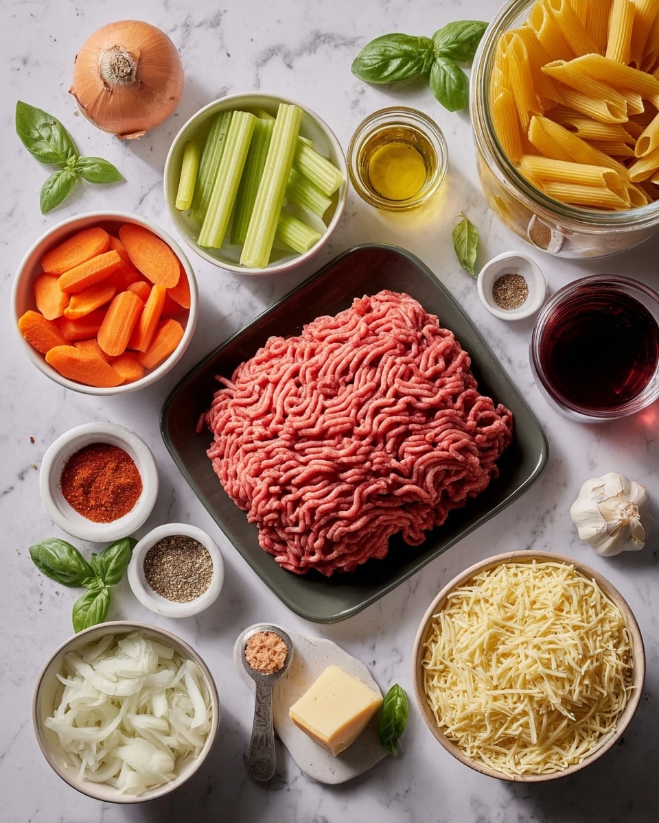 A flat black tray in the center holds a mound of raw ground meat with a pinkish-red color and visible texture lines. Surrounding the tray are several white bowls and glass measuring cups filled with colorful ingredients: chopped white onions in a small white bowl at the bottom left, sliced bright orange carrots in a white bowl above the onions, celery sticks in a white bowl at the top center, and a large glass cup full of yellow uncooked penne pasta at the top right. To the right of the meat tray, there is a small glass container of light yellow oil and a larger glass cup filled with deep red liquid, likely wine. Near the bottom right, a small white bowl contains shredded pale yellow cheese, resting on a white marbled surface. Fresh green basil leaves add a splash of bright green near the cheese. Scattered around are additional small bowls and a spoon with different dry spices including red chili flakes, dried herbs, and a reddish powder on the spoon, along with two garlic cloves near the oil. A small piece of off-white cheese or butter lies near the cheese bowl. The scene is set on a white marbled texture background, and a woman's hand holds the spoon with the reddish powder. photo taken with an iphone --ar 4:5 --v 7