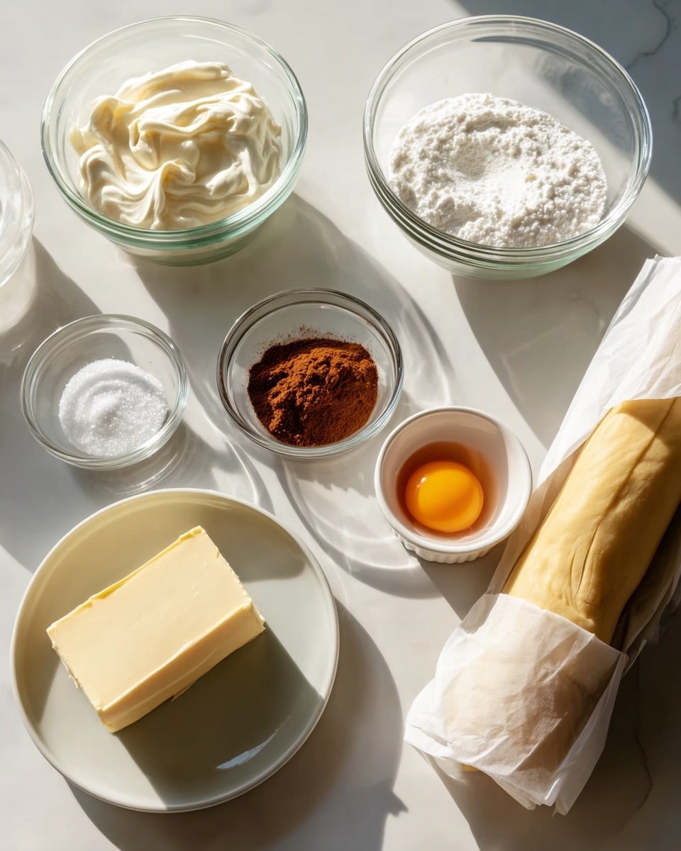 A white marbled surface holds several ingredients for baking, arranged in clear glass bowls and white containers. Starting from the left, there is a clear bowl filled with thick white cream. Above it, a larger clear bowl contains white sugar, and next to it is another clear bowl holding reddish-brown cinnamon powder. Below the cinnamon bowl is a small glass bowl containing some white salt. A white ramekin near the center has a raw egg with a bright orange yolk. To the left, a white plate holds a rectangular block of pale yellow butter with smooth edges. On the right side, wrapped in white parchment paper, is a long roll of yellowish dough. The whole setup is lit by soft natural light, casting gentle shadows. Photo taken with an iphone --ar 4:5 --v 7