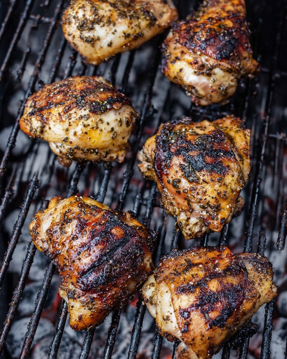 The image shows seven pieces of grilled chicken on a black grill with visible grill marks and charred spots. Each piece varies in size and shape, with the skin cooked to a golden brown and some areas darker from the grilling. The chicken surface is textured with seasoned specks of black pepper and herbs, and the meat looks juicy with slight glistening. The background beneath the grill bars is out of focus, showing the blurred gray tones of hot coals or ash. photo taken with an iphone --ar 4:5 --v 7