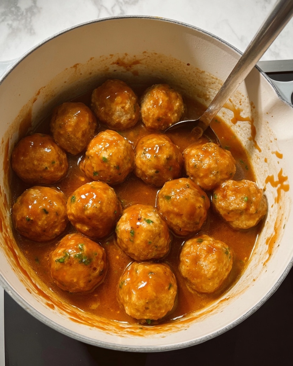 A white pot filled with about a dozen round meatballs covered in thick, shiny orange-brown sauce. The meatballs are smooth and evenly coated with the sauce, which has some green herbs visible in a few places. The inside of the pot shows sauce splatters and streaks around the sides. A metal spoon handle is resting on the edge of the pot. The pot sits on a cooktop with a white marbled surface in the background. photo taken with an iphone --ar 4:5 --v 7