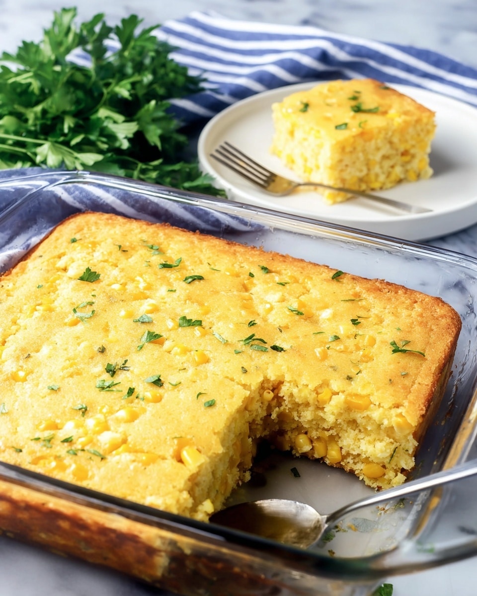 A thick square baked dish with a rough, golden-yellow top layer dotted with small green herb pieces sits in a clear glass baking dish, showing a moist, dense texture with visible whole corn kernels inside. A single square piece is removed from the front right corner, revealing a soft, crumbly interior with bright yellow corn bits. In the background, a white plate holds a square piece of the same dish with a silver fork resting on the plate, next to fresh green parsley, all set on a white marbled surface. A blue and white striped cloth is also visible behind the plate. Photo taken with an iphone --ar 4:5 --v 7