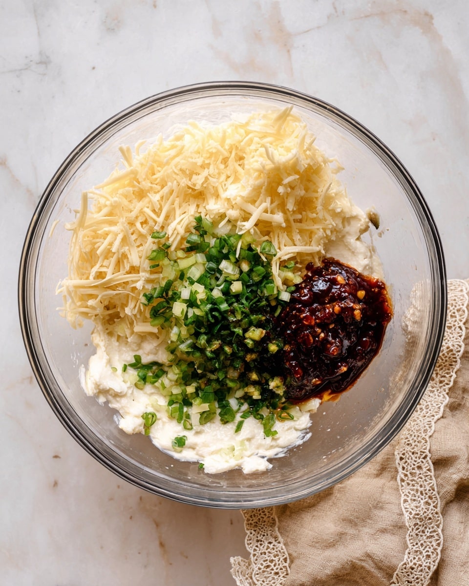 A clear glass bowl filled with four main layers of ingredients: a white, soft, creamy base at the bottom, a heap of shredded pale yellow cheese on the left side, a small pile of chopped green onions mixed with fresh green herbs at the center, and a dollop of thick dark brown sauce with small bits on the right side. The bowl is placed on a white marbled surface, with a beige cloth with lace edges partly visible at the bottom right corner. Photo taken with an iphone --ar 4:5 --v 7