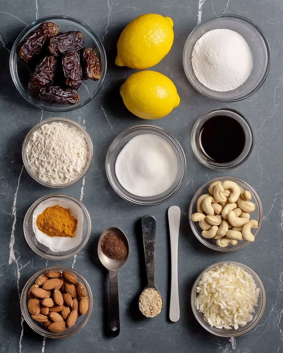 A flat lay image shows 13 clear and white bowls and measuring cups arranged in a grid on a dark gray background with a white marbled texture. The top row has a clear bowl of dark dates on the left, two bright yellow lemons in the middle, and a white bowl filled with white powder on the right. The second row has a clear bowl of fine white powder on the left, a small clear bowl with white solid fat in the middle, and a clear bowl filled with dark liquid on the right. The third row shows a small white bowl with orange powder on the left, a small white bowl of cashew nuts in the middle left, a small clear bowl with light brown liquid in the middle right, and a small clear bowl filled with shredded white ingredient on the right. The bottom row has a small black spoon with brown powder on the left, a clear measuring cup with rolled oats in the middle left, a clear measuring cup with almonds on the middle right, and a small clear bowl with a pinch of white salt on the right. photo taken with an iphone --ar 4:5 --v 7