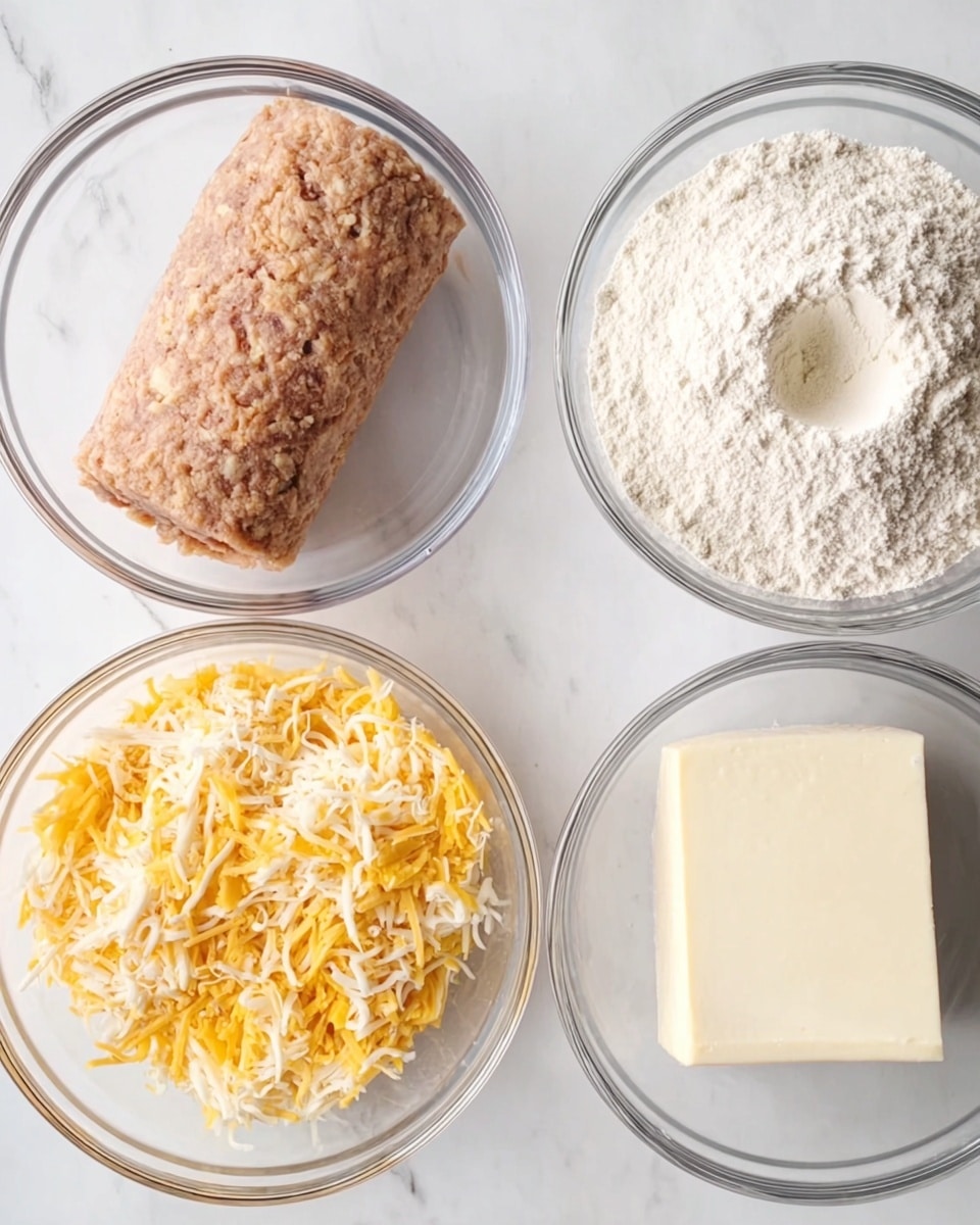 Four clear glass bowls sit on a white marbled surface, each holding a different ingredient. The top left bowl has a large mound of light brown ground meat shaped like a log. The top right bowl is filled with fine white flour with a small indentation in the center. The bottom left bowl contains a mix of shredded yellow and white cheese, appearing soft and slightly curly. The bottom right bowl holds a solid block of white cheese with a smooth texture and a sharp edge facing upward. Photo taken with an iphone --ar 4:5 --v 7