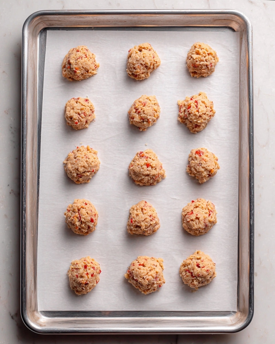 The image shows a metal baking tray lined with white parchment paper, holding fifteen small mounds of cookie dough. Each dough scoop is light brown with visible small red and orange bits mixed in, giving them a slightly rough and chunky texture. The mounds are evenly spaced in a 3 by 5 grid pattern on the tray. The tray sits on a flat surface with a white marbled texture, visible at the very bottom of the image. The lighting is bright and natural, highlighting the soft and slightly uneven shapes of the dough balls. photo taken with an iphone --ar 4:5 --v 7