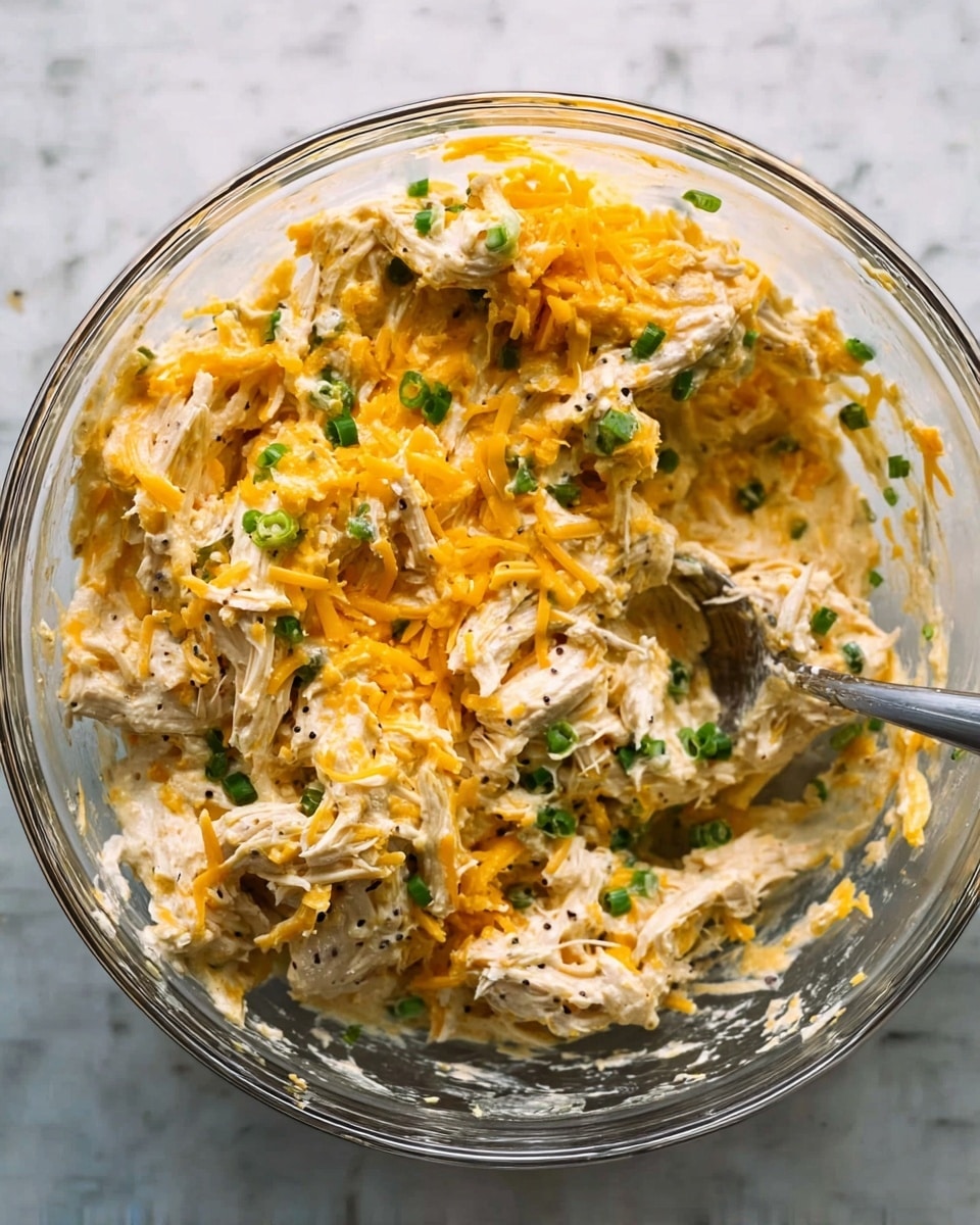 A clear glass bowl contains a thick, creamy mixture with visible layers of shredded white chicken, light beige creamy sauce, bright orange shredded cheddar cheese, and small green chopped scallions scattered throughout. The mixture appears well combined but still textured, with black pepper sprinkled on top. A metal spoon is partially submerged in the bowl, mixing the ingredients. The bowl is set on a white marbled surface. photo taken with an iphone --ar 4:5 --v 7