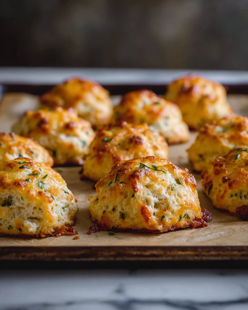 The image shows nine small baked cheese biscuits on a piece of parchment paper over a baking tray, arranged in three rows of three. Each biscuit is a golden-brown color with baked melted cheese on top, with crispy, slightly browned edges. Small green herbs are mixed throughout, adding flecks of green color inside the light yellow dough. The texture looks soft inside but crunchy on the outside, with some cheese melted and browned around the base. The background is blurred with a dark gradient, and the surface under the tray has a white marbled texture. photo taken with an iphone --ar 4:5 --v 7