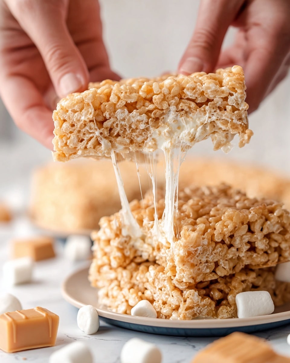 A close-up image shows a pair of woman's hands pulling apart a square rice crispy treat with sticky melted cheese stretching between the two pieces. The treat is golden brown with a textured surface of puffed rice cereal bound closely together, with strings of melted cheese running through it. Below, a white plate is filled with more square rice crispy treats, slightly out of focus. The background has scattered cereal pieces and caramel cubes on a white marbled texture. The photo has a bright, soft light that highlights the chewy texture and gooey stretch. Photo taken with an iphone --ar 4:5 --v 7