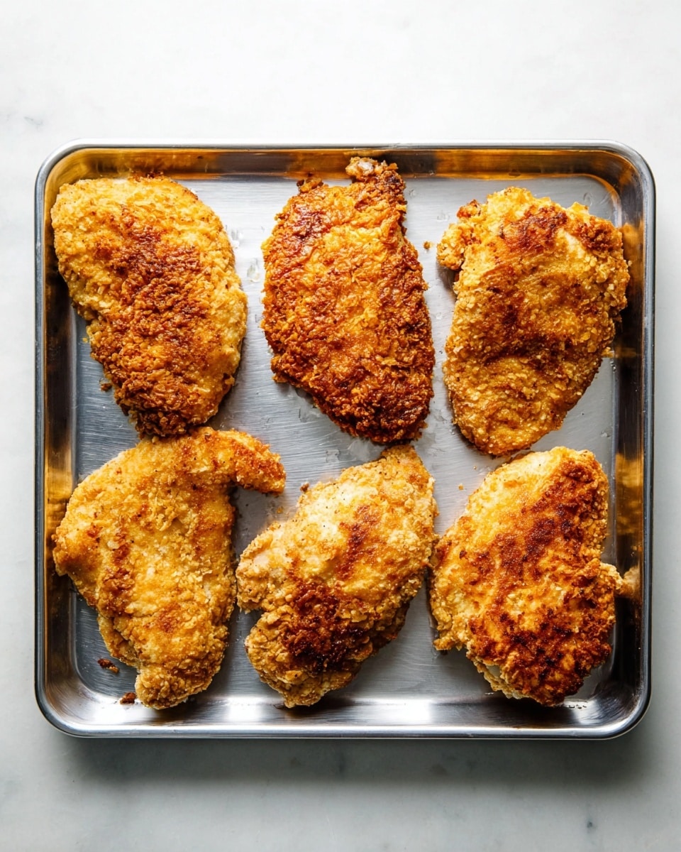 The image shows six pieces of breaded and cooked chicken with a golden-brown, crispy outer layer. They are arranged on a shiny silver metal baking tray on a white marbled surface. Each piece has an uneven texture with a mix of lighter and darker brown areas indicating varying crispiness. The pieces are different in shape but all fit comfortably on the tray with some space between them. Photo taken with an iphone --ar 4:5 --v 7