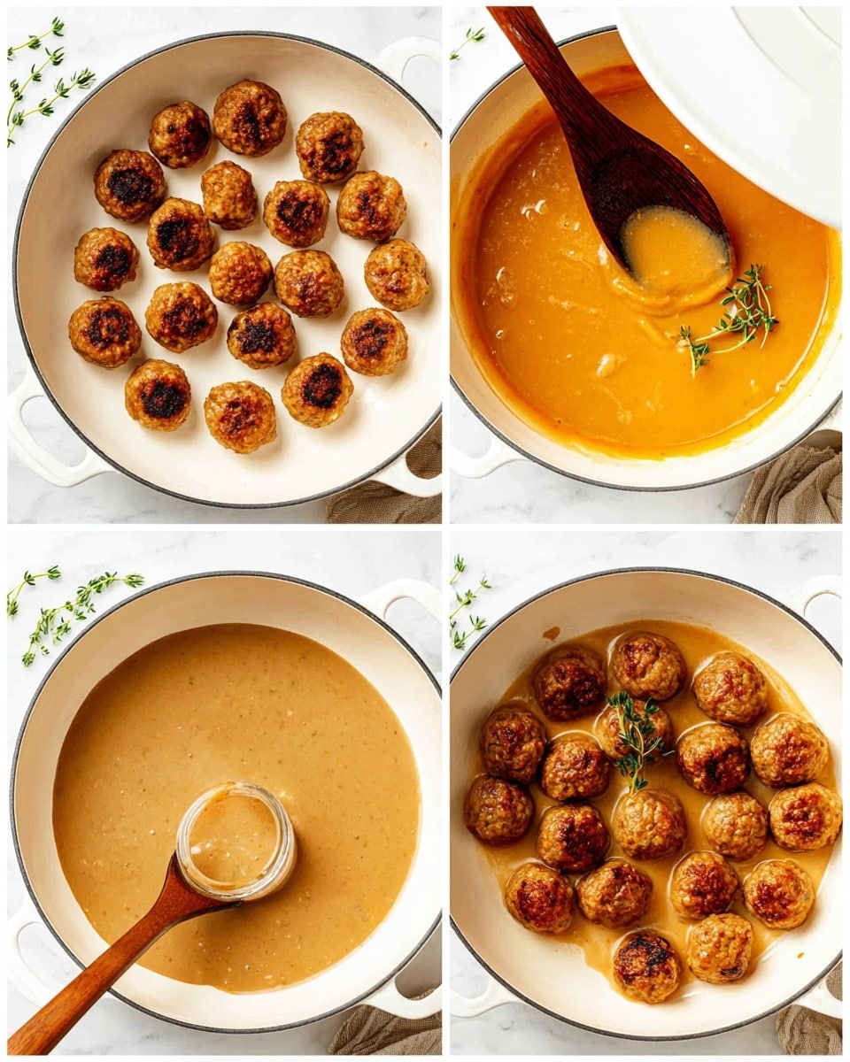 The image shows four steps of making meatballs in a white pan on a white marbled surface. The first step has a layer of golden-brown, round meatballs evenly spread inside the pan. The second step shows the inside of the pan with an orange sauce being mixed by a dark wooden spoon, with some sauce still on the spoon and a small jar pouring in sauce at the bottom. The third step shows a smooth, thick light brown sauce filling the pan, with the same dark wooden spoon resting inside. The last step shows the golden meatballs placed back into the light brown sauce, with a few green thyme sprigs on top and a white lid partially covering the pan from the right. Photo taken with an iphone --ar 4:5 --v 7