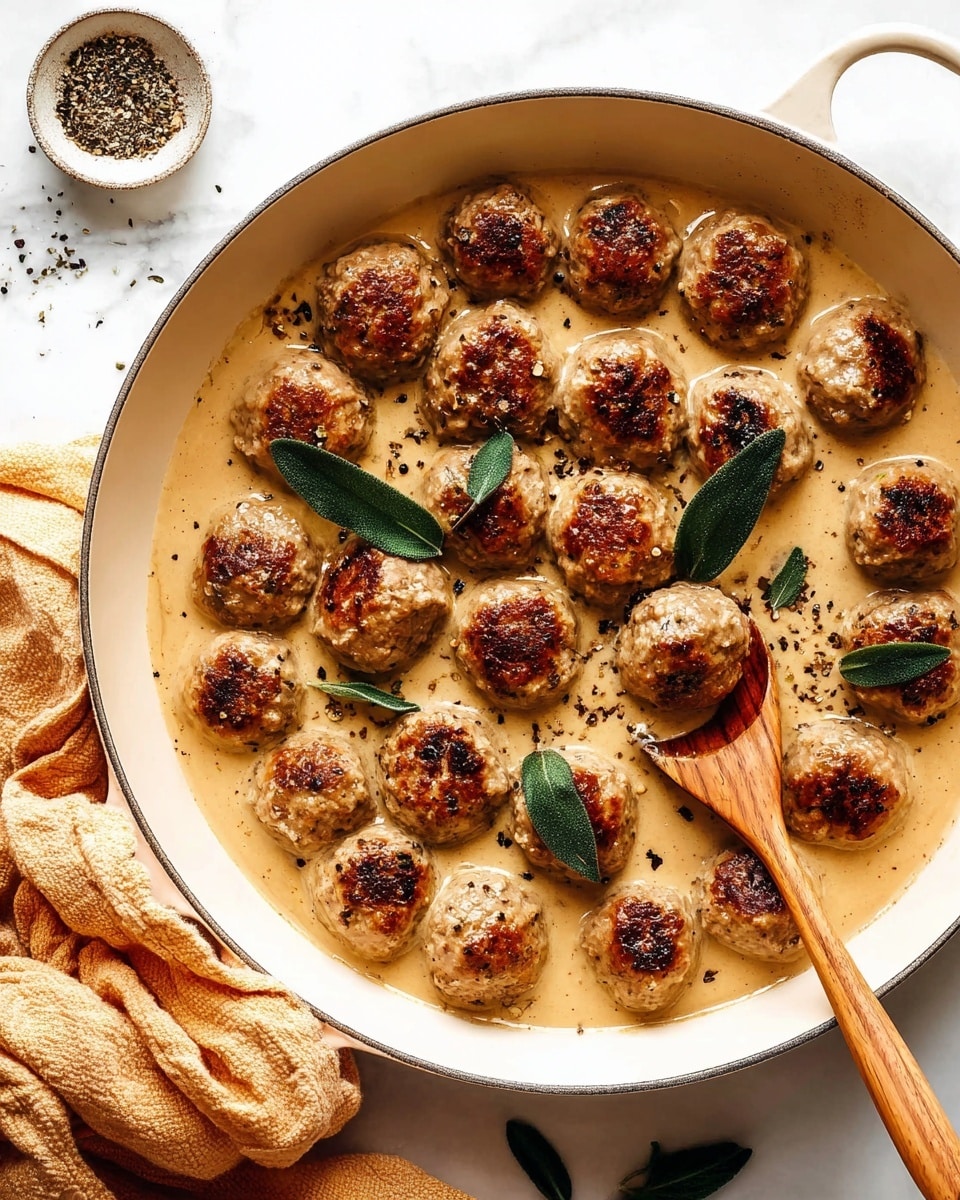 A white pan holds about twenty browned meatballs in light tan creamy sauce, sprinkled with black pepper and garnished with dark green sage leaves. A wooden spoon is partly under one meatball near the right side of the pan. The pan rests on a white marbled surface with a small white bowl of black pepper on the top left. A crumpled light orange cloth is near the pan’s handle on the bottom left. Photo taken with an iphone --ar 4:5 --v 7