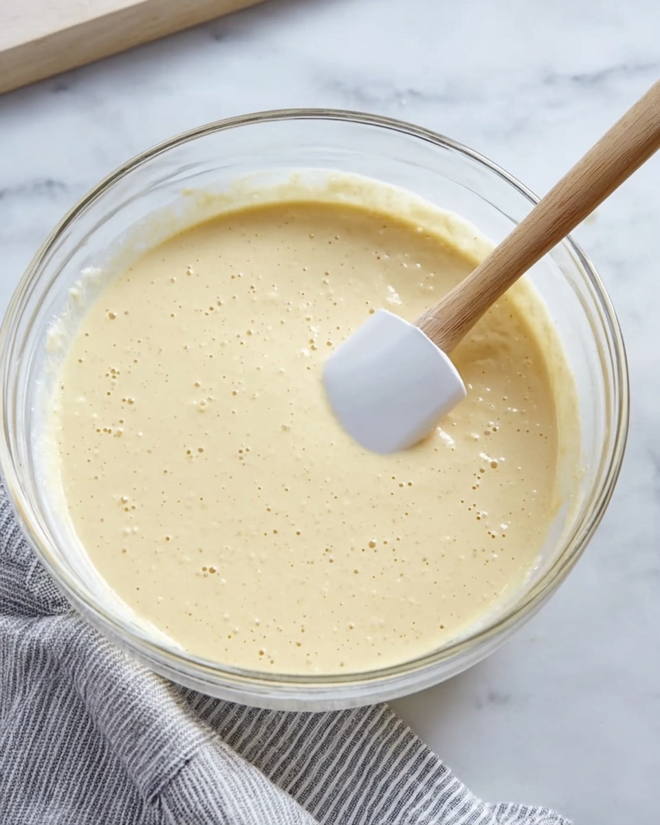 A clear glass bowl is filled with a smooth, creamy, pale yellow batter that has small bubbles all over the surface showing airiness. Inside the bowl, there is a spatula with a wooden handle and a white silicone tip resting on the batter, partially covered with it. The bowl is placed on a white marbled surface with a gray and white striped cloth nearby. Photo taken with an iphone --ar 4:5 --v 7