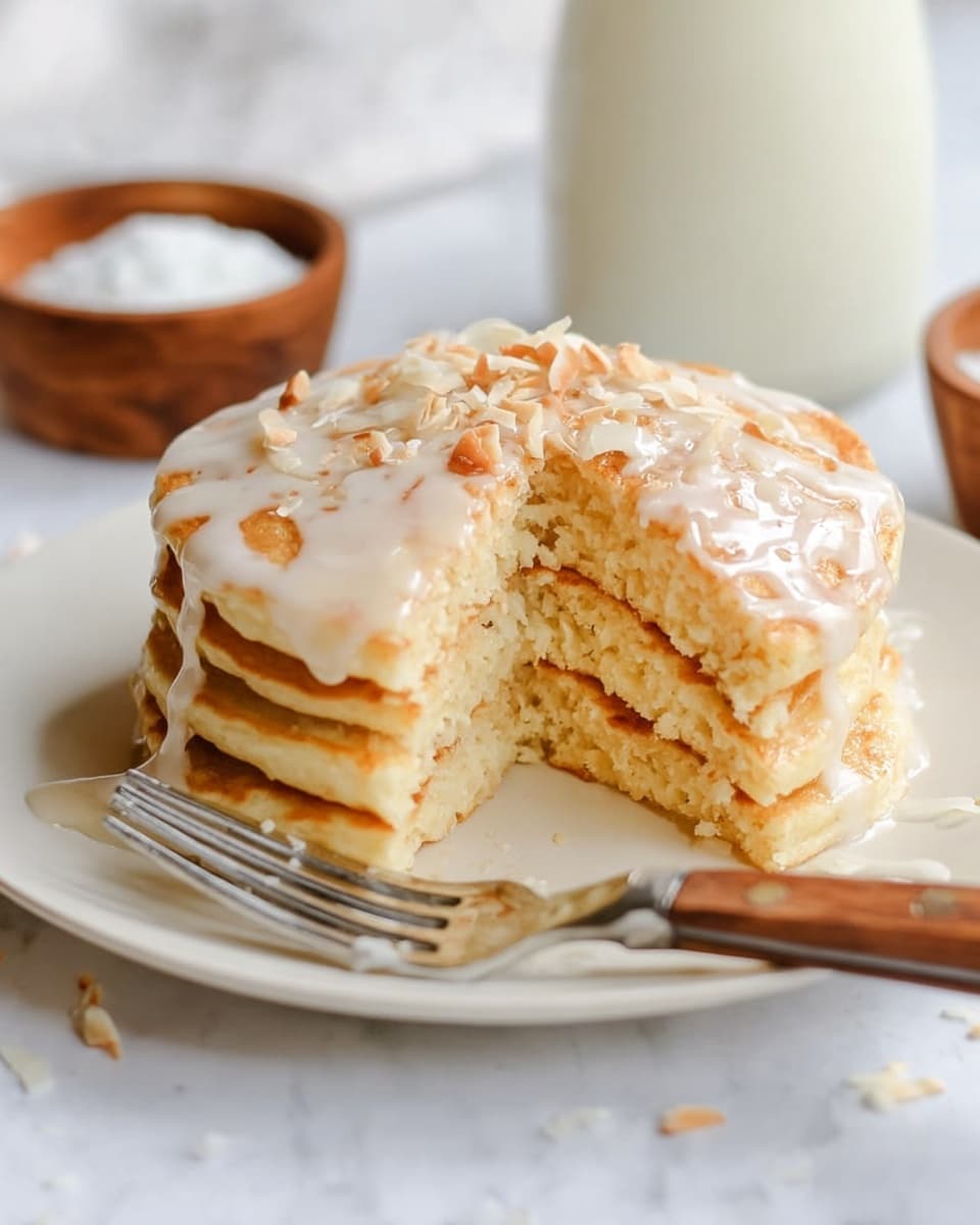 A stack of four thick, light yellow pancakes sits on a white plate on a white marbled surface. The pancakes are soft with a slightly rough texture and have a shiny white glaze drizzled over the top. Small bits of chopped nuts and thin coconut flakes are sprinkled on the top pancake. A metal fork with a wooden handle rests on the plate next to the stack, and a thick slice is cut out from the side, showing the soft crumb inside. In the background, there's a glass jug of milk and a small wooden bowl with white powder. Photo taken with an iphone --ar 4:5 --v 7