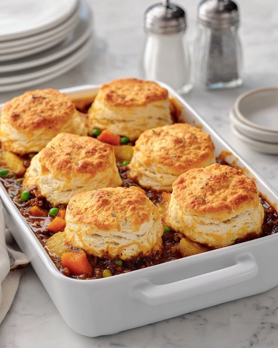 A white rectangular baking dish holds five thick, golden brown biscuit layers on top of a rich stew base. The stew layer is chunky and dark brown, mixed with bright orange carrot cubes, green peas, and light yellow potato pieces, filling the bottom of the dish and surrounding the biscuits. Each biscuit has a soft, flaky texture with a slightly crispy, darker orange top layer. The dish rests on a white marbled surface with a salt and pepper shaker set and stacked white plates blurred in the background. photo taken with an iphone --ar 4:5 --v 7