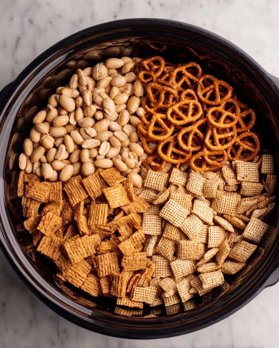 A large dark bowl filled with four different snack layers placed side by side. From left to right, the first layer has light brown peanuts, the second layer features small orange pretzels, the third layer contains light tan square cereal pieces with a woven texture, and the fourth layer is made up of slightly darker brown square cereal pieces with a similar woven texture. The bowl is sitting on a white marbled surface photo taken with an iphone --ar 4:5 --v 7