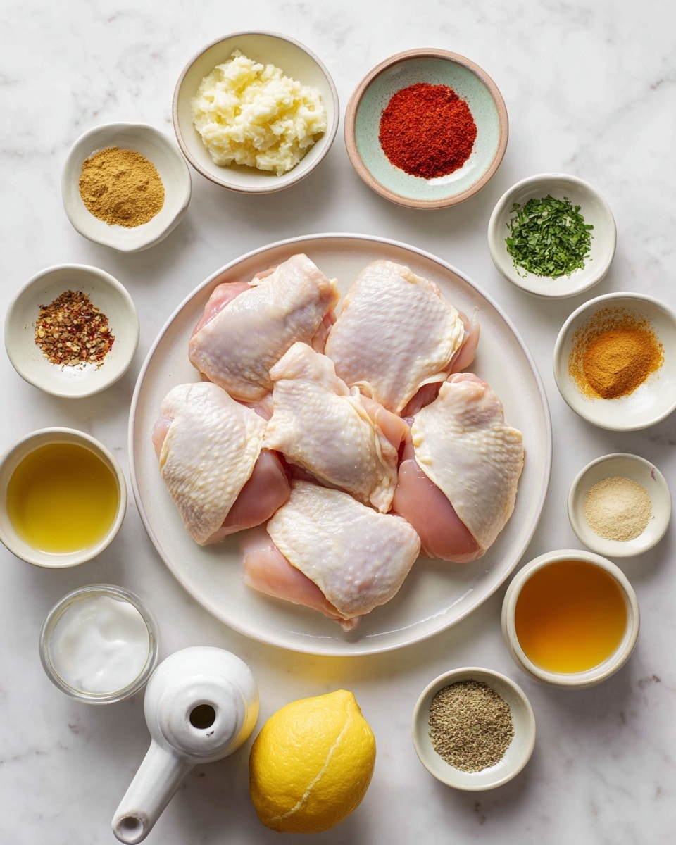 A white round plate sits on a white marbled surface, holding five pieces of raw chicken thighs with pale pink skin and some white fat around the edges, arranged in a loose circle. Surrounding the plate are twelve small white bowls and cups, each filled with different ingredients: pale yellow minced garlic, bright red chili powder, golden curry powder, fresh green chopped herbs, light brown cinnamon, black and white mixed pepper and salt, creamy white yogurt, clear golden oil, yellowish garlic powder, light beige mustard powder, a small cup of golden honey, and a white ceramic lemon juicer with a halved yellow lemon placed next to it. The scene is clean and bright with a soft natural light. photo taken with an iphone --ar 4:5 --v 7