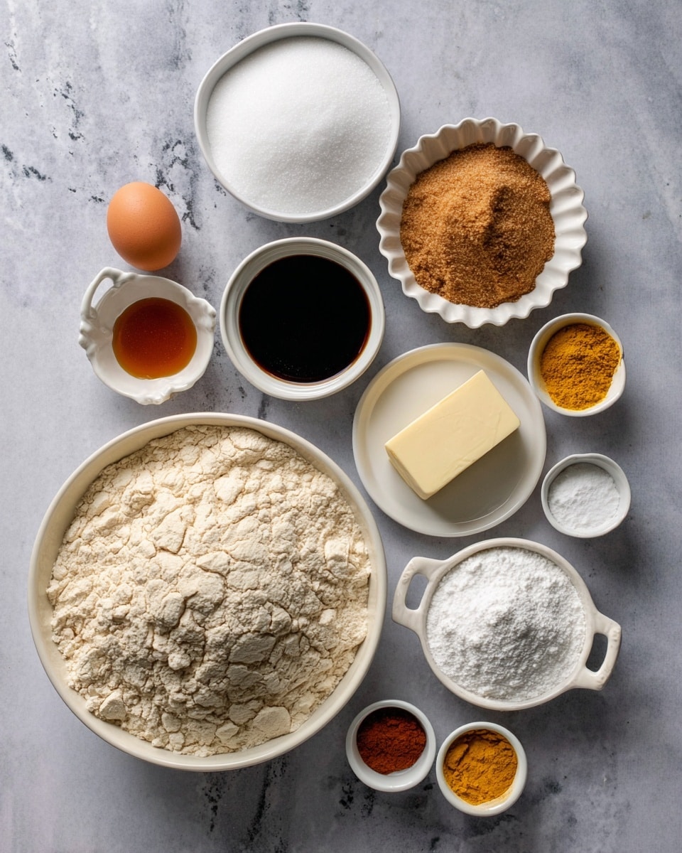 A top-down view of multiple white bowls and dishes arranged on a white marbled surface, each holding an ingredient for baking. The largest white bowl at the bottom left is filled with a mound of light beige flour with a cracked surface. Above it, a medium white bowl contains fine white sugar. Next to the sugar, a small white bowl holds a dark brown liquid, likely vanilla extract. To the right, a scalloped white bowl is filled with packed light brown sugar. Below this, a stick of butter wrapped in paper lies next to an orange egg. Near the bottom right, a small white bowl with handles contains white baking powder. Surrounding these are three tiny white cups filled with different powders: one dark orange, one mustard yellow, and another white powder. The colors and textures form a neat, organized display of baking ingredients photo taken with an iphone --ar 4:5 --v 7