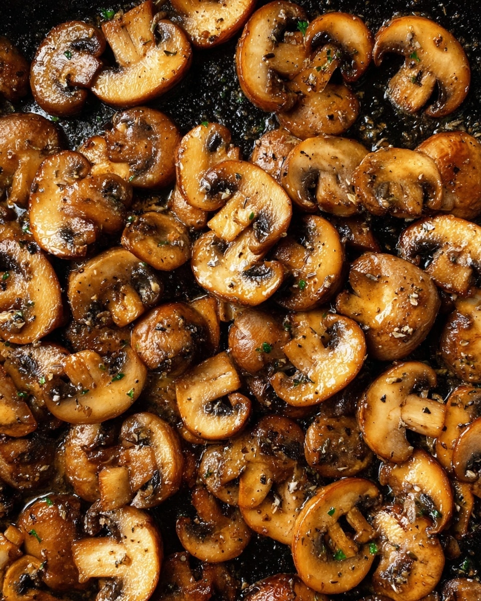 A close-up view of many sliced mushrooms cooked in a pan. The mushrooms are golden brown with some darker edges, and there is a shiny, slightly oily texture covering them. They are evenly spread out over the black pan, showing small bits of seasoning and herbs sprinkled throughout. The overall look is warm and rich, with mushrooms of different sizes layered together in a natural, casual way. Photo taken with an iphone --ar 4:5 --v 7