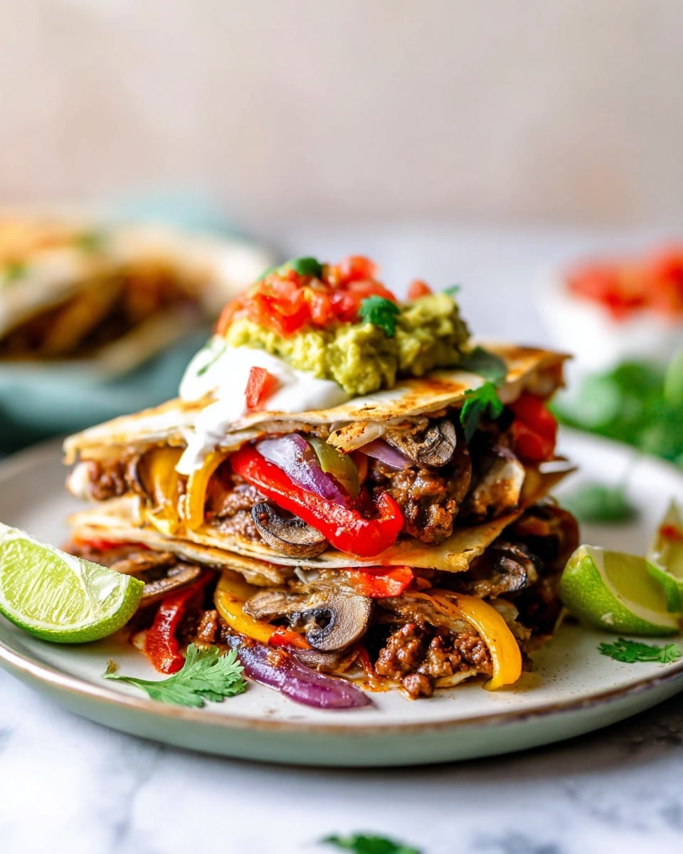 The image shows a stack of three folded tortillas placed on a white plate on a white marbled surface. Each tortilla layer is filled with cooked ground meat, sautéed red and yellow bell peppers, grilled red onions, and slices of mushrooms, creating a mix of brown, red, yellow, and purple colors with a soft texture. The top layer is adorned with a dollop of yellow-green guacamole, white sour cream, and fresh green cilantro leaves, as well as diced red tomatoes. Two lime wedges sit on the edge of the plate, adding a fresh touch. The background is softly blurred, highlighting the vibrant colors and textures of the food. photo taken with an iphone --ar 4:5 --v 7