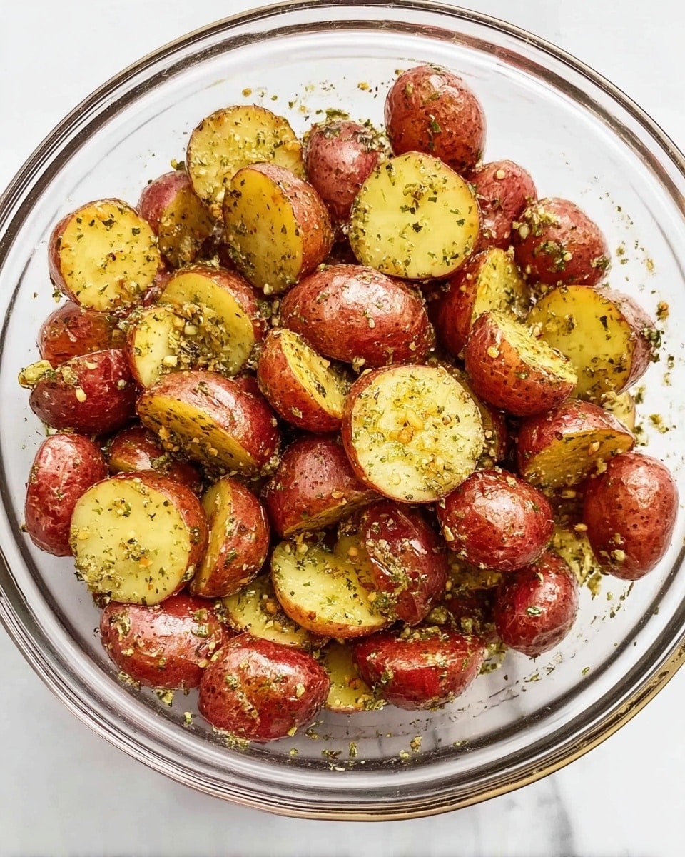 A clear glass bowl filled with many small red potatoes that are sliced in half showing the yellow inside. The potatoes are covered with a mix of herbs and spices that give them a speckled look, with green and black flecks mostly on the red potato skin. The bowl sits on a white marbled surface, with no other items around. photo taken with an iphone --ar 4:5 --v 7