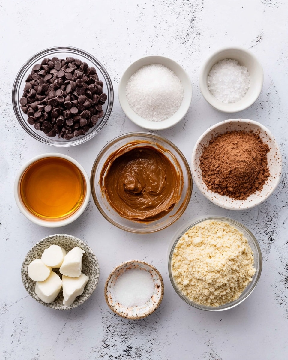 The image shows nine small bowls arranged on a white marbled surface, each holding a different ingredient. Starting from the top left, there is a glass bowl filled with dark chocolate chips that are round and shiny. Next to it is a small white bowl with coarse white salt. Below, a clear round bowl contains smooth, creamy brown almond butter. To the right of that, a white bowl holds light brown cocoa powder with a fine texture. Next to it, a small white bowl contains white granulated sugar. Below, a tiny patterned bowl has two white coconut oil scoops, soft and creamy. At the bottom left, a white bowl is filled with golden honey, shiny and thick. Near the center bottom, a glass bowl contains crumbly almond flour, pale yellow in color. Lastly, a clear bowl at the bottom right is filled with a light brown powder, likely a baking mix. photo taken with an iphone --ar 4:5 --v 7
