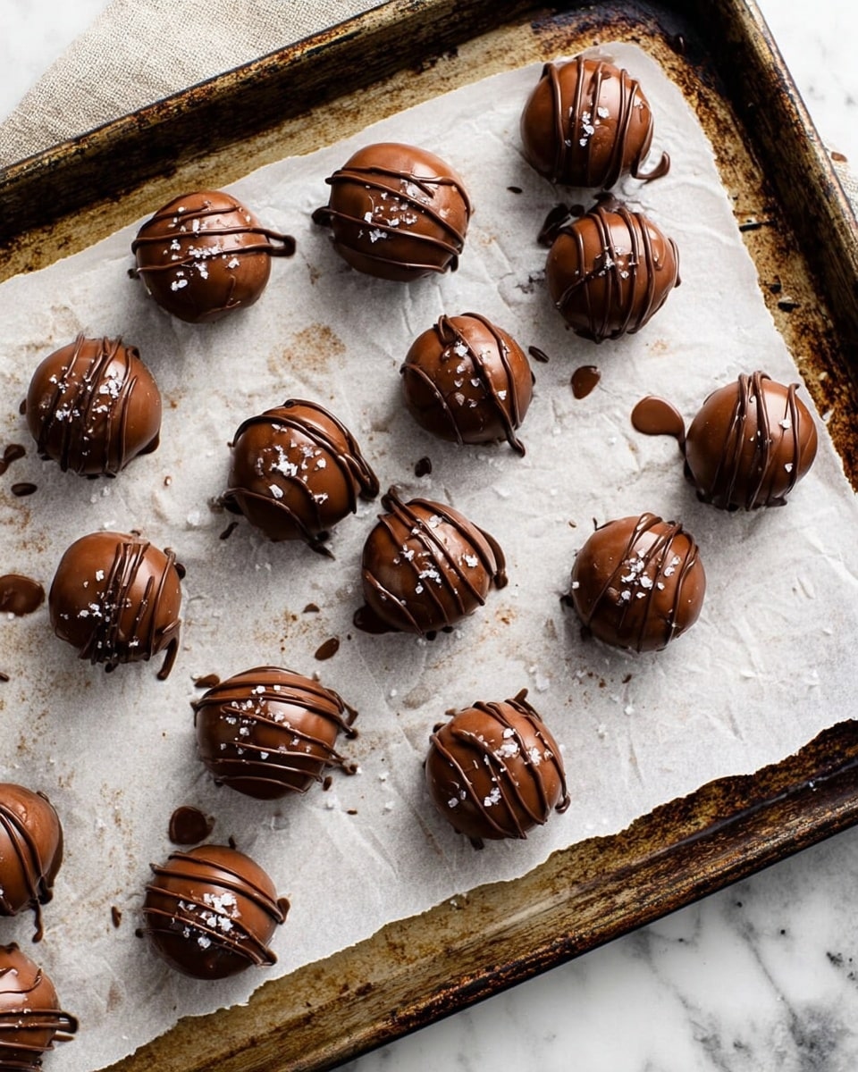 There are about 18 round chocolate truffles arranged on a baking tray lined with white parchment paper. Each truffle has a smooth, shiny milk chocolate coating with thin dark chocolate drizzles on top. The truffles are sprinkled lightly with white sea salt flakes. The baking tray is rustic and worn, placed on a white marbled surface with some chocolate drips and spots of oil around the truffles. photo taken with an iphone --ar 4:5 --v 7