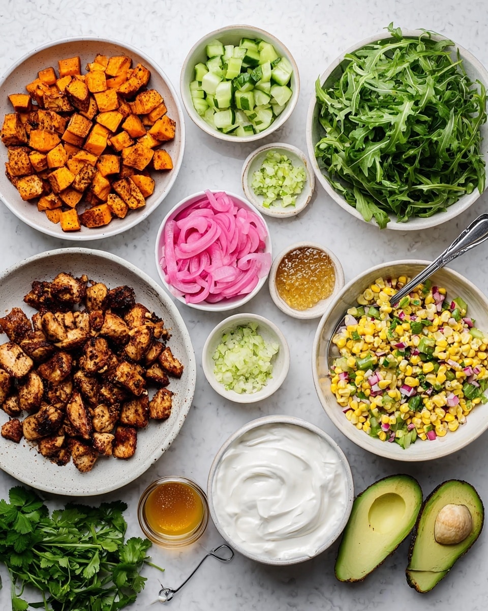 The image shows several white bowls arranged neatly on a white marbled surface. In the center, there is a bowl with browned, cooked chicken pieces. To the left of it, a bowl is filled with bright orange roasted sweet potato cubes. Above the chicken, there are small bowls with green chopped cucumbers, pink pickled onions, and creamy green sauce. To the right of the chicken, a bowl holds yellow corn mixed with small red onions and herbs, with a spoon resting inside. Above the corn, a bowl of fresh green arugula leaves sits next to a small bowl of golden honey with a spoon inside. At the bottom center, a bowl holds a thick white creamy mixture, and to the left, slices of fresh avocado are visible in a bowl. A bunch of fresh herbs lies on the marbled surface near the roasted sweet potatoes. The whole setting is clean, colorful, and well organized. photo taken with an iphone --ar 4:5 --v 7
