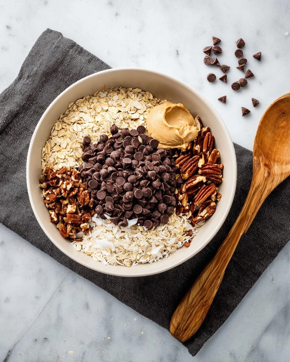 A white bowl filled with several layers of ingredients arranged separately: light brown oats form the base on the bottom left, next to a pile of small dark brown chocolate chips in the center, golden toasted coconut flakes on the bottom left, finely chopped medium brown nuts on the top right, and a small mound of light beige brown sugar or flour next to the nuts. The bowl sits on a white marbled surface with a dark gray cloth underneath it on the left side, and a light brown wooden spoon lies to the right of the bowl. Photo taken with an iphone --ar 4:5 --v 7