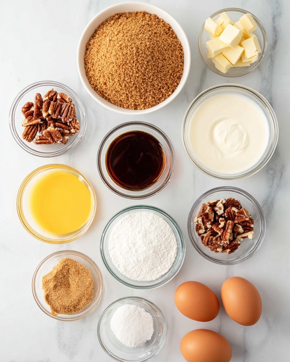The image shows ten small white bowls and two brown eggs arranged on a white marbled surface. Starting from the top, a large white bowl is filled with crushed golden-brown graham crackers. To its right, a smaller bowl holds thick, white cream cheese. Below the crackers, a bright yellow liquid, likely melted butter, fills a bowl. To the right of the butter is a bowl with broken pecan pieces in rich brown and tan shades. Next to the pecans, a small bowl contains fine white granulated sugar. Beneath the butter, a bowl is filled with dark brown soft brown sugar. To the left of the brown sugar, two brown eggs rest on the surface. Above them, a bowl contains a dark brown liquid, probably vanilla extract. Below the eggs, a small bowl holds yellow cubes of butter. Lastly, near the pecans, a tiny bowl shows a small amount of white salt. Photo taken with an iphone --ar 4:5 --v 7