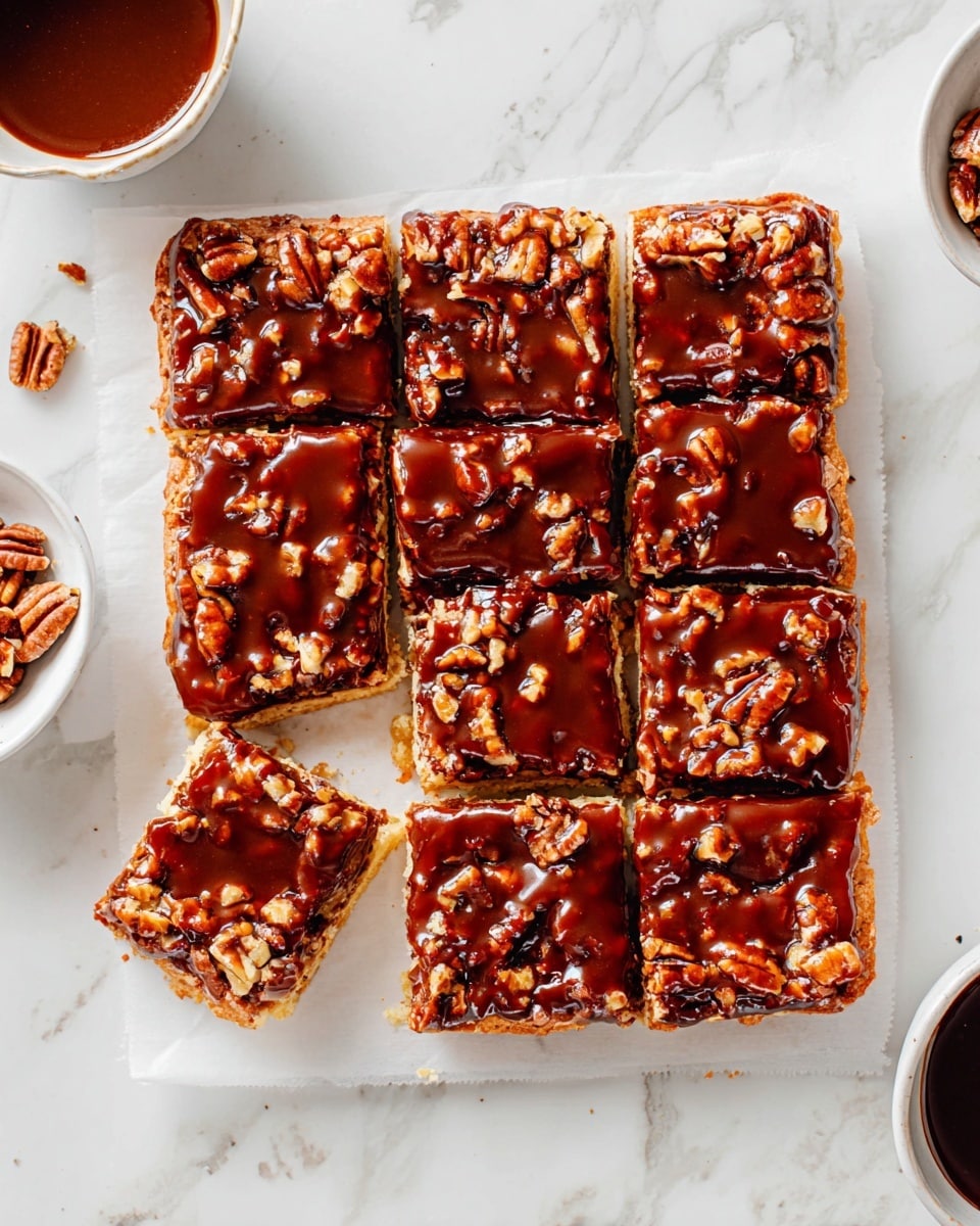 The image shows nine square dessert bars arranged in a 3x3 grid on a white marbled surface. Each bar has three visible layers: a light tan crust at the bottom, a gooey middle layer covered by a glossy, dark brown sauce filled with chopped pecans in rich textures. The sauce looks shiny and smooth, dripping slightly over the edges of some bars. To the top left of the bars is a small round white bowl filled with the same dark brown sauce, and at the bottom right corner, a white bowl holds several whole pecan halves. A piece of broken bar sits near the top right, resting on the white marbled surface. photo taken with an iphone --ar 4:5 --v 7
