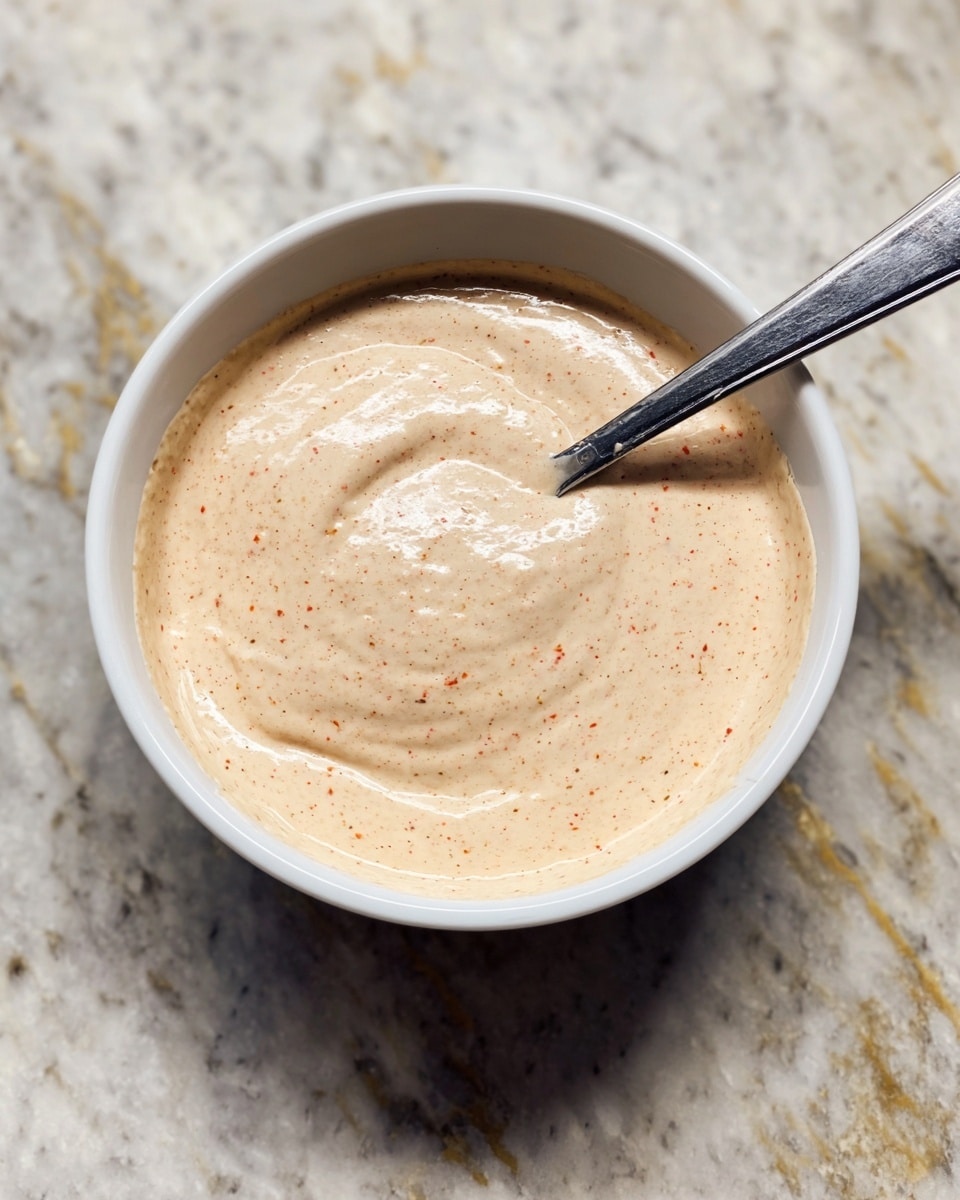 A small white bowl filled with creamy sauce that is light beige in color with tiny red specks mixed throughout. The sauce has a smooth, thick texture and is swirled gently inside the bowl. A silver spoon is in the bowl, partially covered in the sauce, resting on the right side. The bowl is placed on a white marbled surface. photo taken with an iphone --ar 4:5 --v 7