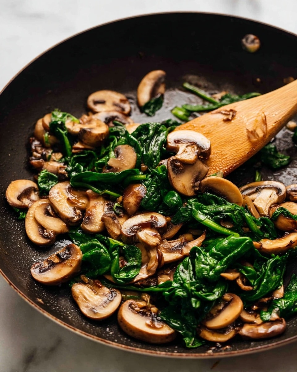 A black pan on a white marbled surface holds a cooked mix of sliced brown mushrooms and wilted dark green spinach leaves. The mushrooms are thin and round, scattered through the spinach, which is soft and slightly shiny from cooking. A wooden spatula is stirring the vegetables, showing a smooth light wood texture. The colors are mostly warm brown and deep green against the pan’s black inside. Photo taken with an iphone --ar 4:5 --v 7