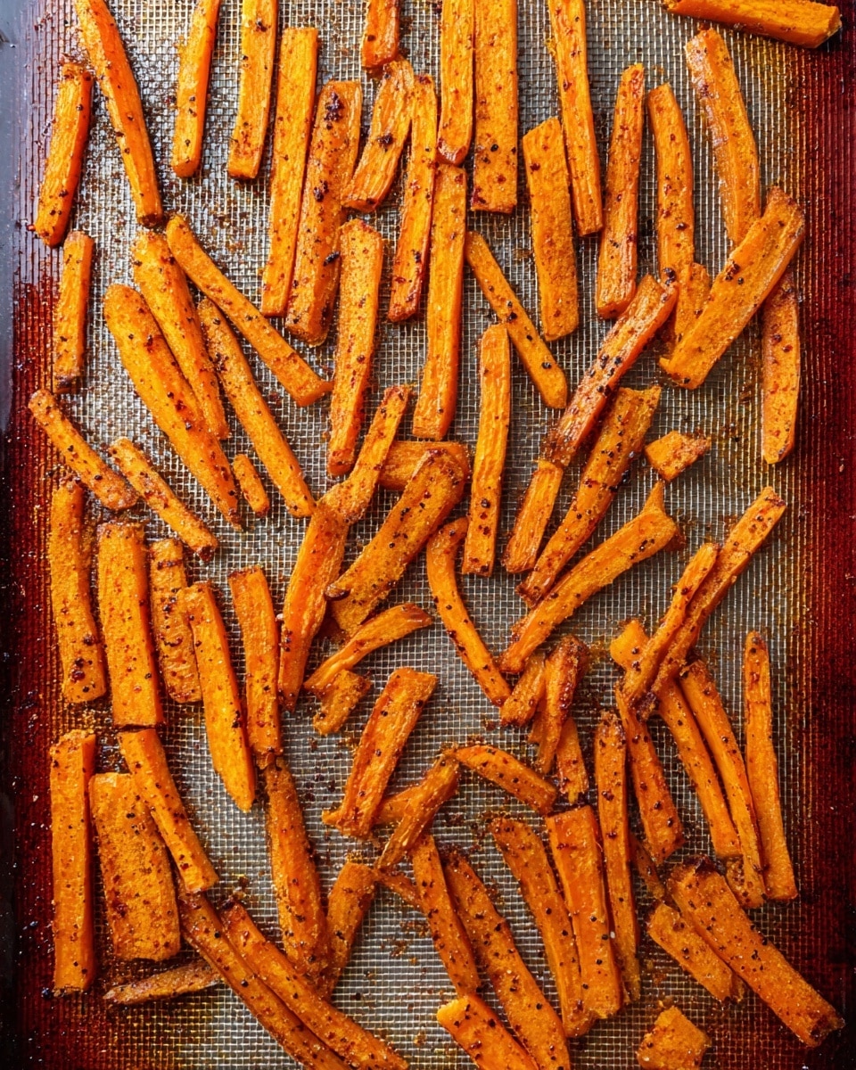 The image shows a baking tray filled with roasted carrot sticks. The carrots are cut into long, thin strips and spread out in a single layer on a mesh baking sheet. They have a rich orange color with darker brown spots from roasting, giving a slightly crispy texture. Some pieces have a light coating of seasoning visible as small black specks. The tray edges are dark orange, contrasting with the carrots. The background is a white marbled surface. The overall look is simple and rustic, focusing on the vibrant orange carrots and their roasted texture photo taken with an iphone --ar 4:5 --v 7