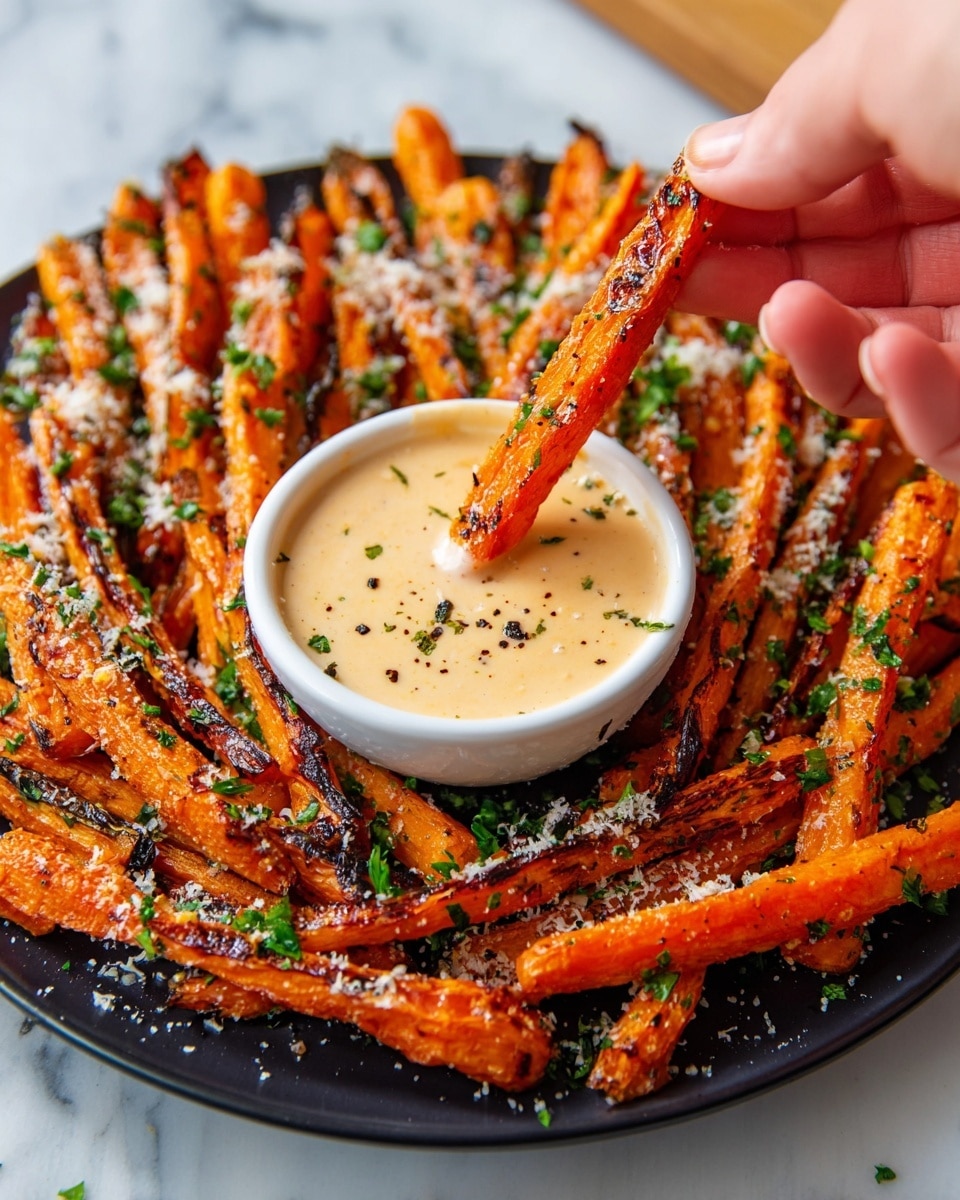 The image shows a close-up of many roasted orange carrot sticks arranged in a circle on a white plate, each stick toasted with some dark brown charred spots and sprinkled with small green herb pieces and a little grated white cheese. In the center of the plate is a small white scalloped bowl filled with a thick creamy light beige sauce with small dark specks, and a woman's hand is dipping one carrot stick into the sauce. The plate is placed on a white marbled surface. photo taken with an iphone --ar 4:5 --v 7