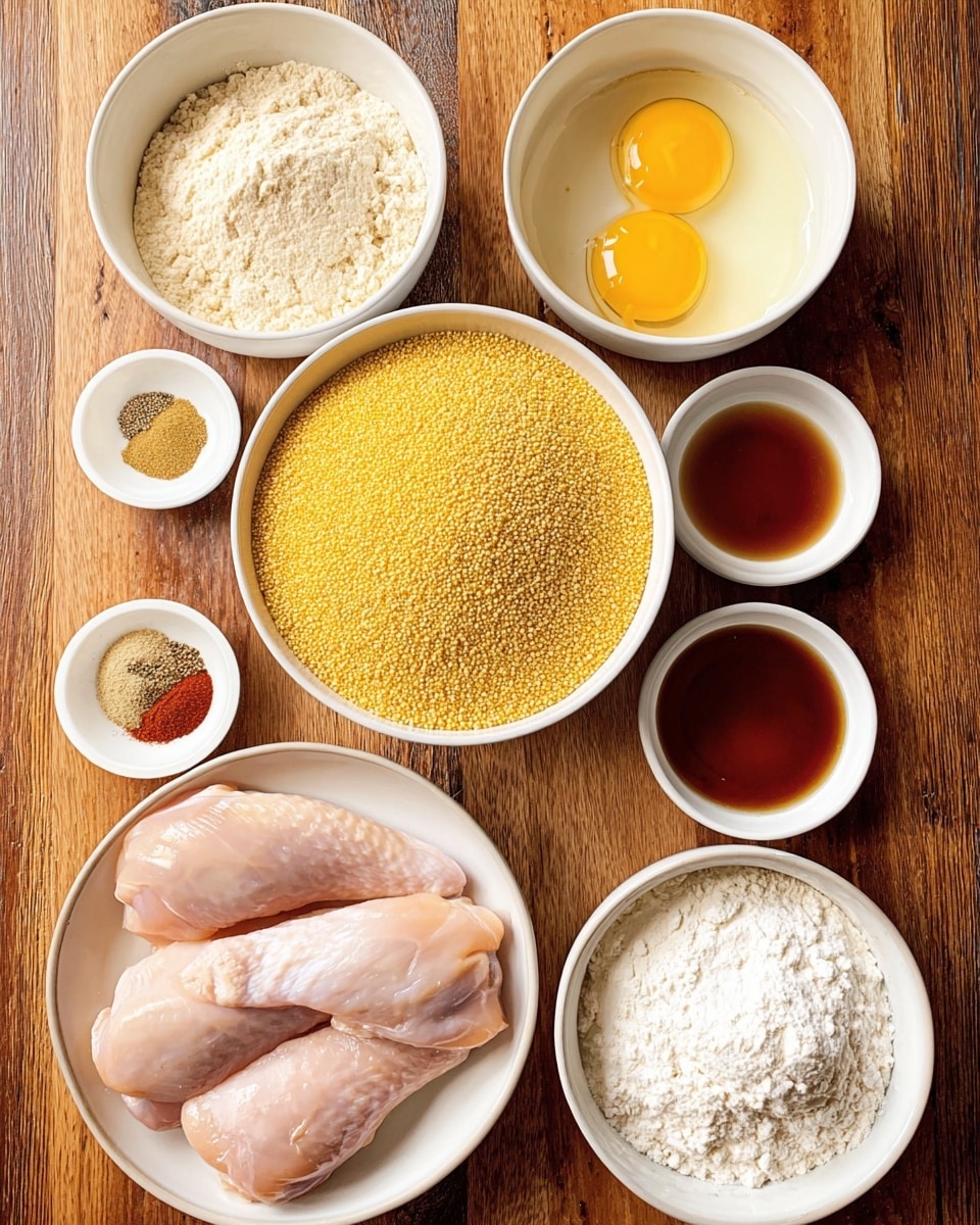 The image shows seven round white bowls arranged on a white marbled texture. The largest bowl, placed near the bottom center, holds three raw light pink chicken fillets with a smooth, slightly shiny texture. To the right, a medium bowl is filled with coarse, bright golden yellow cornmeal with a grainy texture. Above that, a smaller bowl is filled with a thick, glossy red liquid. On the top left, there is a bowl filled with fine white flour with a powdery texture. Below that, a bowl contains two raw eggs with bright yellow yolks sitting in clear egg whites, showing a smooth and shiny surface. To the left, a bowl with small, pale beige granules or crumbs sits just above the chicken. Finally, a small bowl at the top left contains three types of powdered spices in light brown, off-white, and reddish colors, all finely ground. Photo taken with an iphone --ar 4:5 --v 7