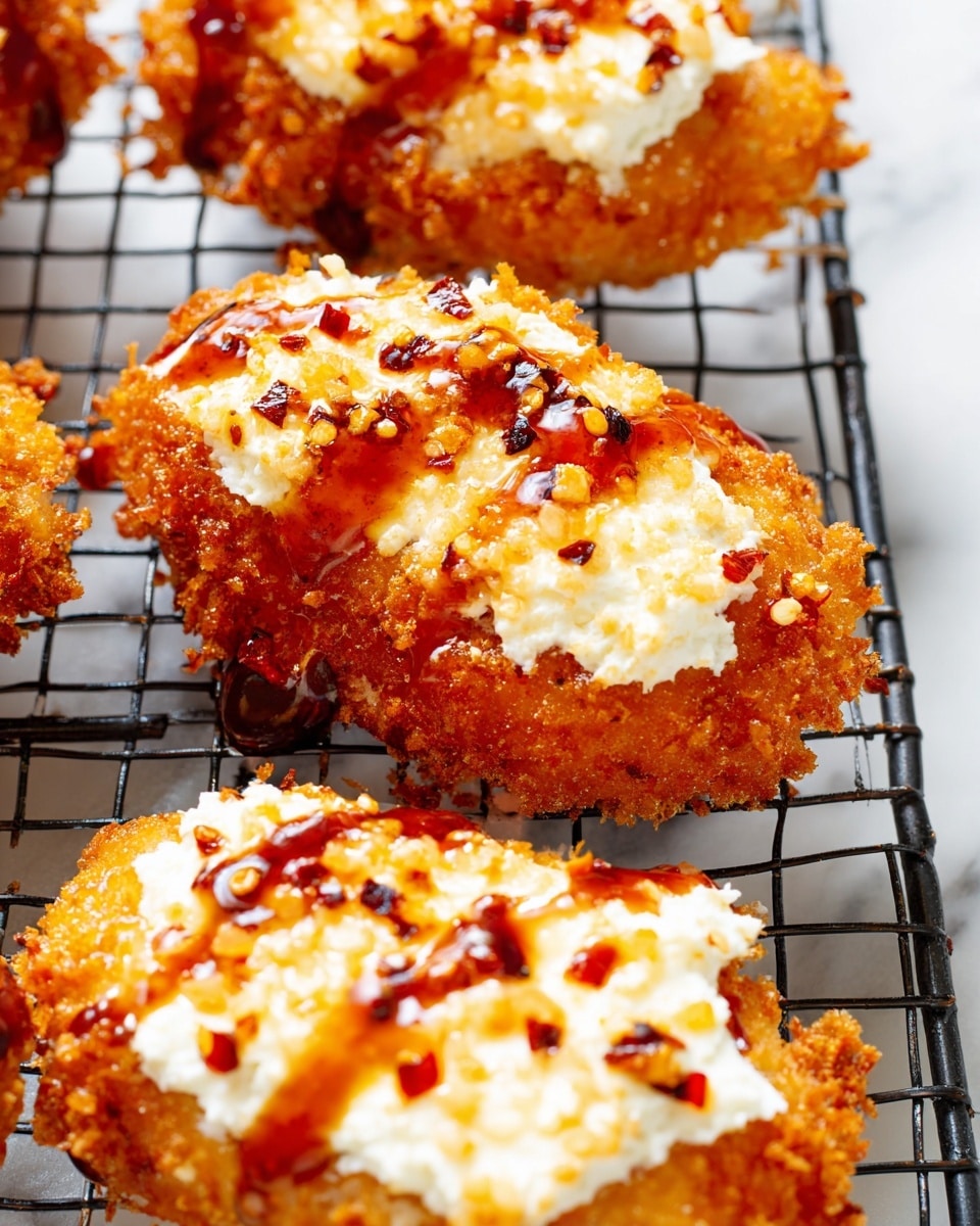 The image shows three pieces of crispy fried chicken on a black metal rack over a white marbled surface. Each piece has two distinct layers: a thick, crunchy golden-brown fried chicken base with a rough texture, and a creamy white cheese layer spread unevenly on top. The cheese is topped with a shiny, reddish oil or sauce that glistens and has some chili flakes scattered on it, creating small bright red spots. The pieces are arranged irregularly, with the closest piece being the most in focus. photo taken with an iphone --ar 4:5 --v 7