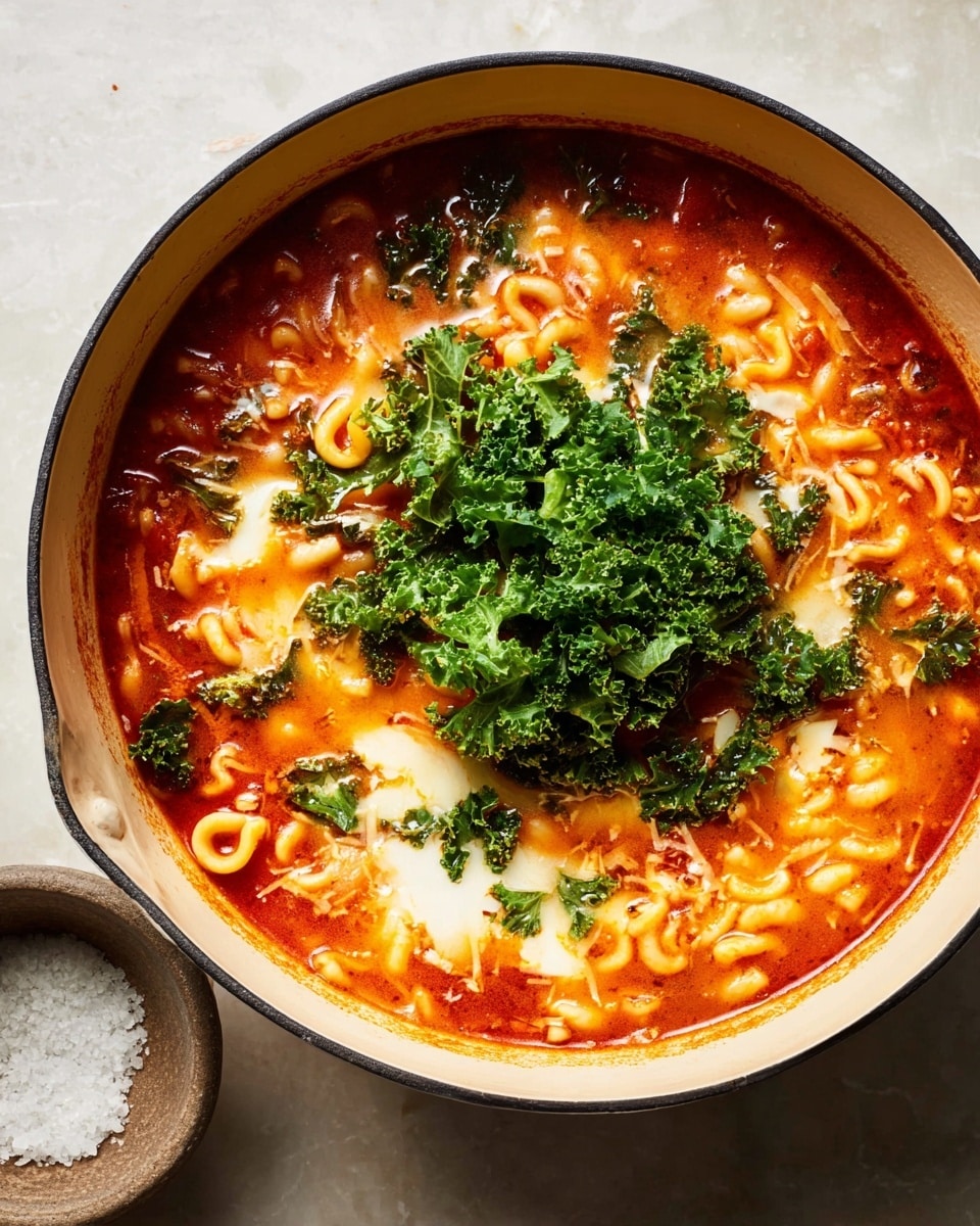 A light-colored pot filled with a bright red tomato-based soup containing curly pasta shapes and melted white cheese swirled throughout. On top of the soup is a generous pile of fresh dark green kale leaves, placed in the center. The pot sits on a white marbled surface with a small bowl of rough salt visible in the corner. The overall look is warm, hearty, and fresh. photo taken with an iphone --ar 4:5 --v 7