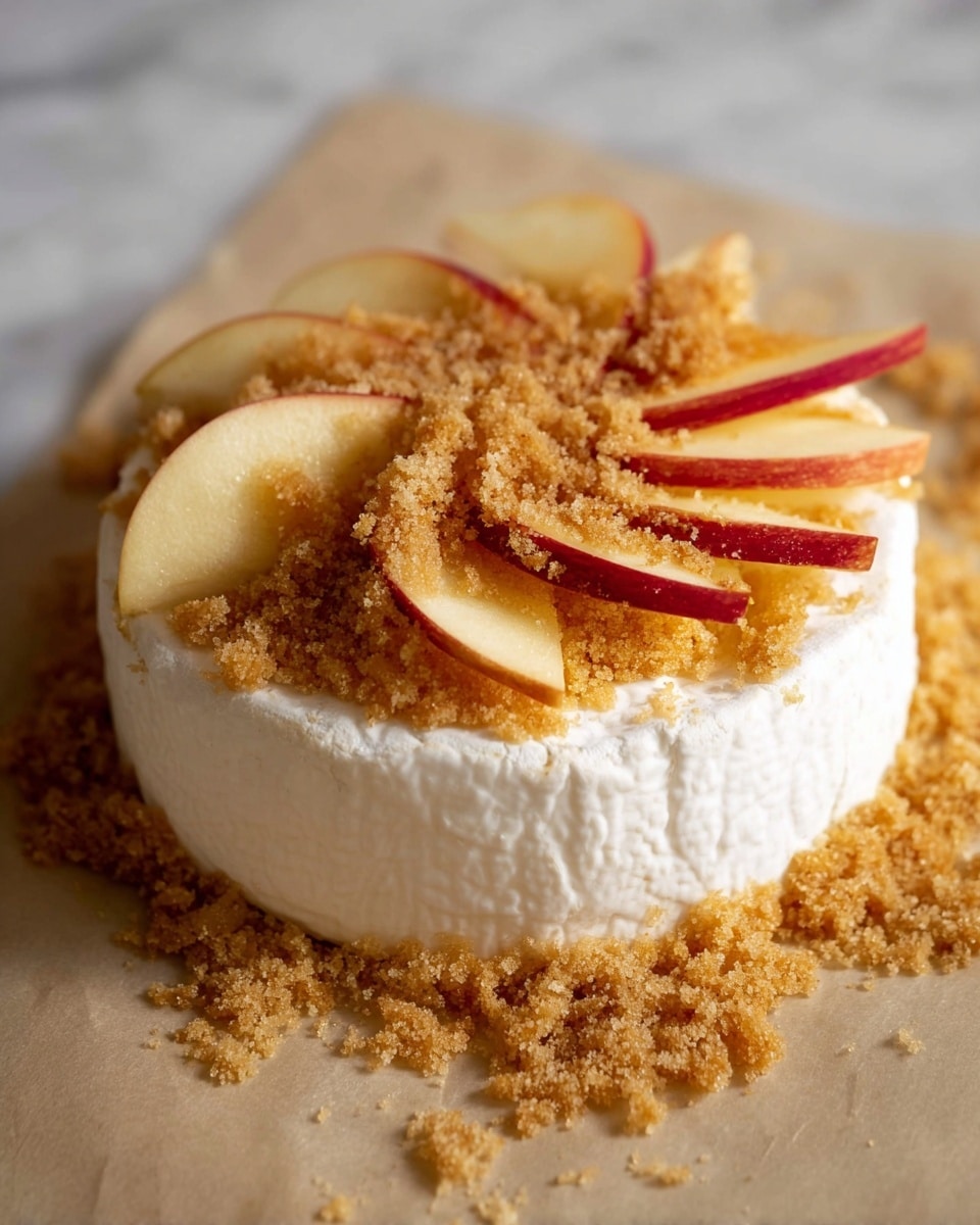 A round white cheese wheel sits in the center with smooth, firm white rind and soft white interior visible at the sides. On top, there is a layer of thin apple slices with red and yellow skin edges, arranged in a fan shape around the center. Covering the apple slices is a thick layer of light brown sugar crumbs with a grainy texture, some spilling down the sides and onto the white marbled surface beneath. The overall look is a mix of smooth white, vibrant red-yellow, and warm brown textures. Photo taken with an iphone --ar 4:5 --v 7