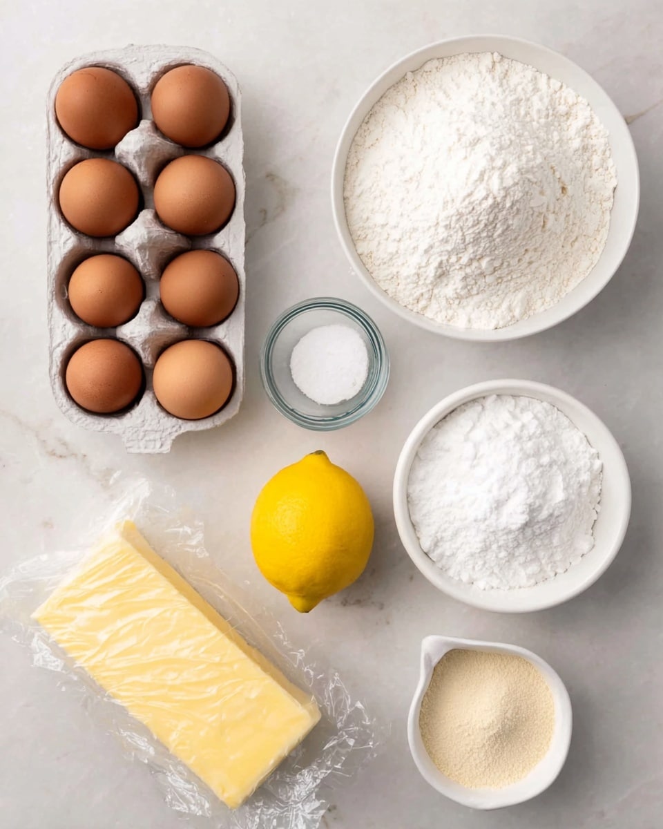 The image shows seven brown eggs in a white tray placed on the top left. To the right of the eggs, there is a white bowl filled with flour, showing a powdery white texture. Below the flour bowl, another white bowl is filled with powdered sugar, looking fluffy and white. In the center, there is a bright, textured yellow lemon. Near the bottom left, there is a block of yellow butter wrapped in clear packaging. At the bottom right, a small white cup holds a beige powder. In the middle near the center, a small clear glass bowl contains a white granular substance. The surface is a white marbled texture. Photo taken with an iphone --ar 4:5 --v 7