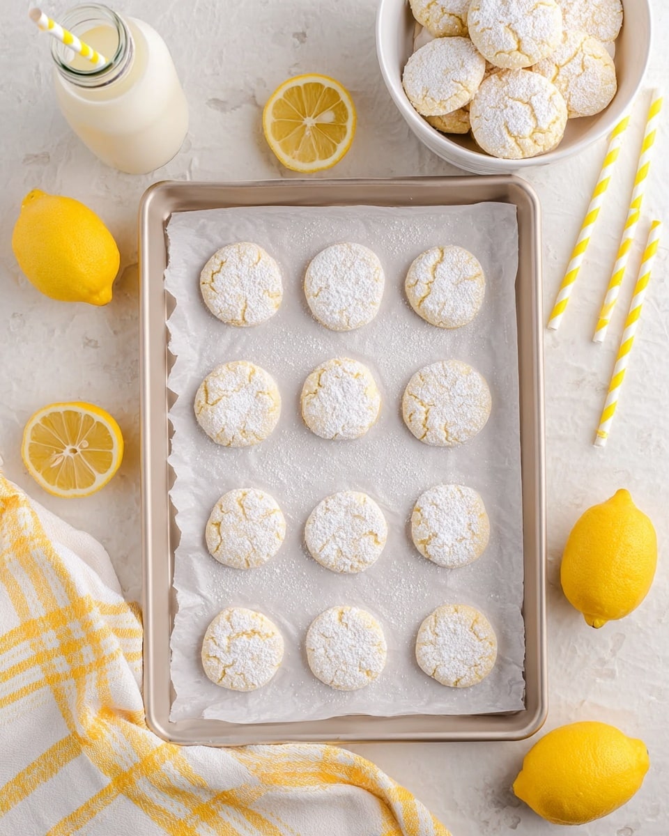 A baking tray lined with crinkled white parchment paper holds nine round lemon cookies spaced evenly in three rows. Each cookie is pale yellow with a dusting of white powdered sugar on top. To the top right, there is a white bowl filled with more cookies similarly dusted with powdered sugar. Around the tray, fresh lemon slices and wedges add bright yellow color, placed on a white marbled surface. To the upper left, a glass bottle of milk rests with two yellow-and-white striped paper straws next to it. A white cloth with a yellow plaid pattern is draped on the bottom left corner. photo taken with an iphone --ar 4:5 --v 7