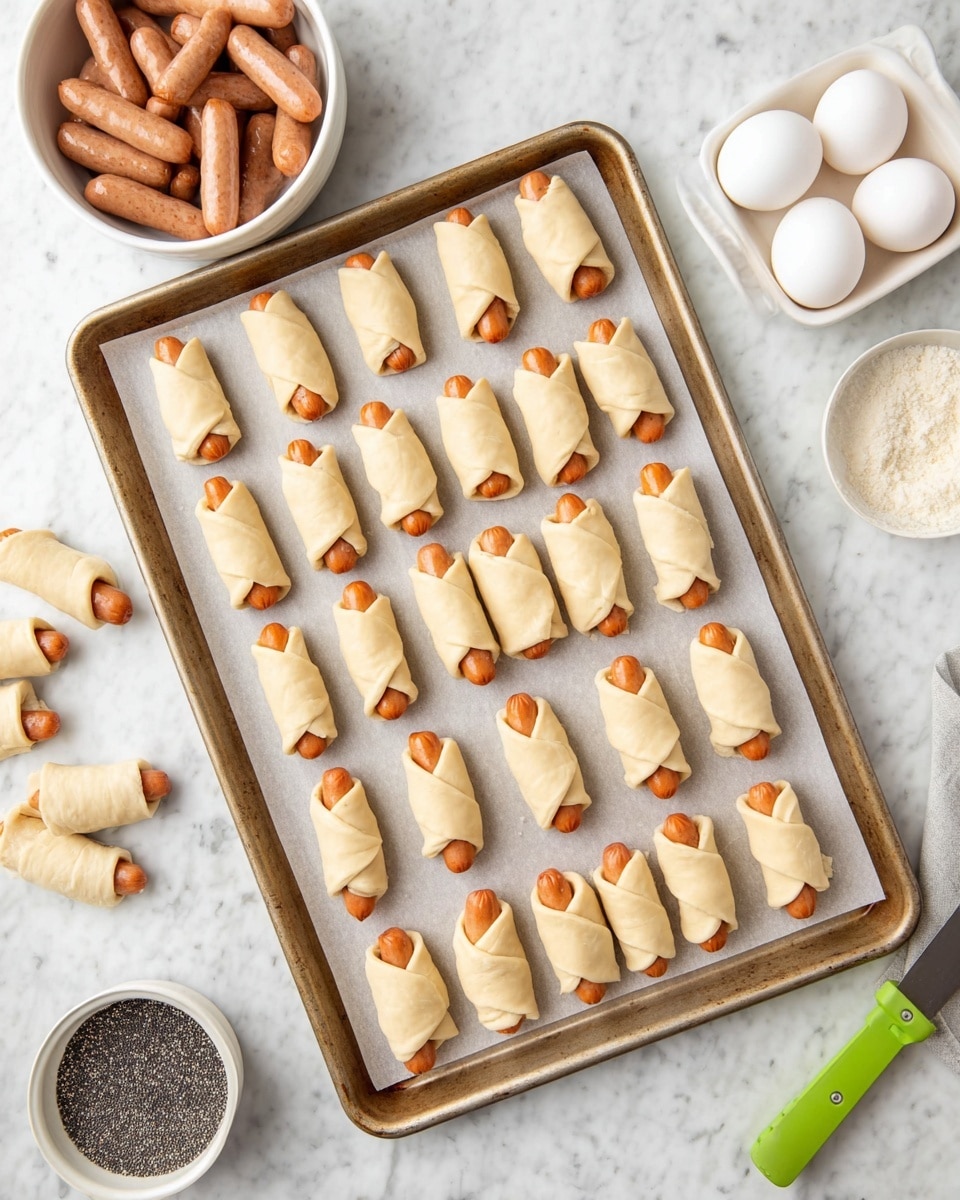 A baking tray with 30 small hot dogs wrapped in raw dough arranged in 5 rows and 6 columns on white parchment paper, each piece showing a light tan dough layer wrapped tightly around a small orange-brown sausage with some ends of sausages exposed; the tray is placed on a white marbled surface along with a white bowl of small light brown sausages at the top left, a white square bowl with 6 white eggs at the top right, a small white square bowl filled with black poppy seeds at the bottom left, and a green-handled pizza cutter near the top right edge photo taken with an iphone --ar 4:5 --v 7