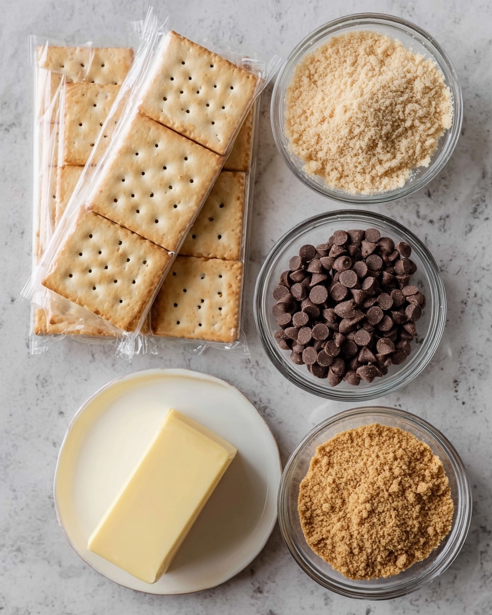 The image shows four main items placed on a white marbled surface. There are two packs of square crackers, one pack fully wrapped and one partially opened with some crackers lying loose, showing a light beige color with browned spots and small holes. Next to the crackers is a small white plate holding a block of pale yellow butter. Two clear glass bowls contain different ingredients; one bowl is filled with many small, shiny, dark brown chocolate chips, and the other bowl holds finely crushed light brown graham cracker crumbs. The items are arranged neatly with some overlap between crackers and the butter plate. Photo taken with an iphone --ar 4:5 --v 7