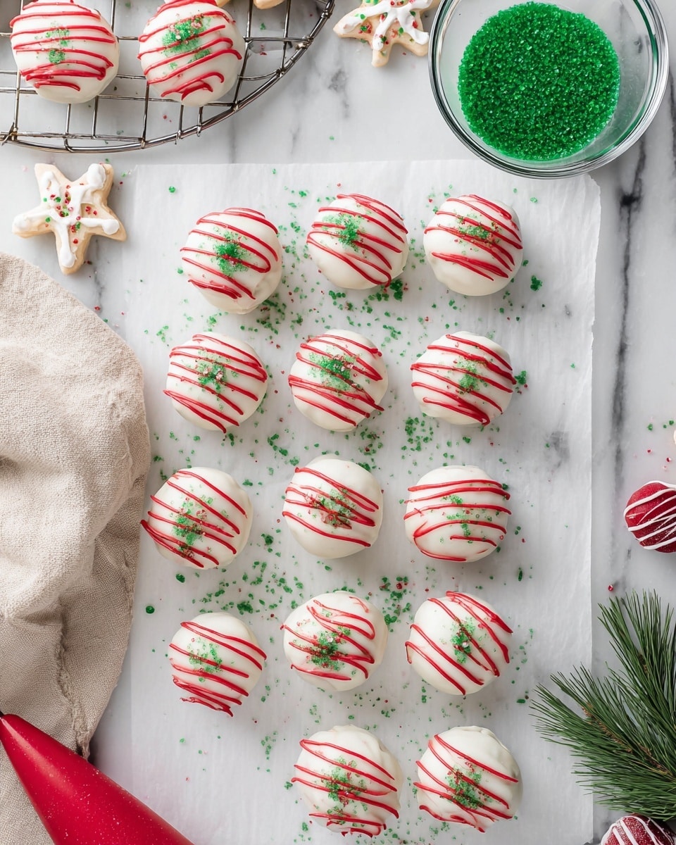 The image shows fifteen round white balls on white parchment paper arranged in a grid on a white marbled surface. Each ball is covered in smooth white coating with thin red lines drizzled diagonally across the top. Small green sugar crystals are sprinkled over the balls and scattered on the parchment. A clear bowl filled with green sugar crystals is placed near the top right, next to a beige cloth and some green pine needles. In the bottom right corner, a red piping bag with some red icing is partially visible. In the top left corner, white star-shaped cookies with white icing, red stripes, and green sprinkles rest on the white marbled surface. Photo taken with an iphone --ar 4:5 --v 7