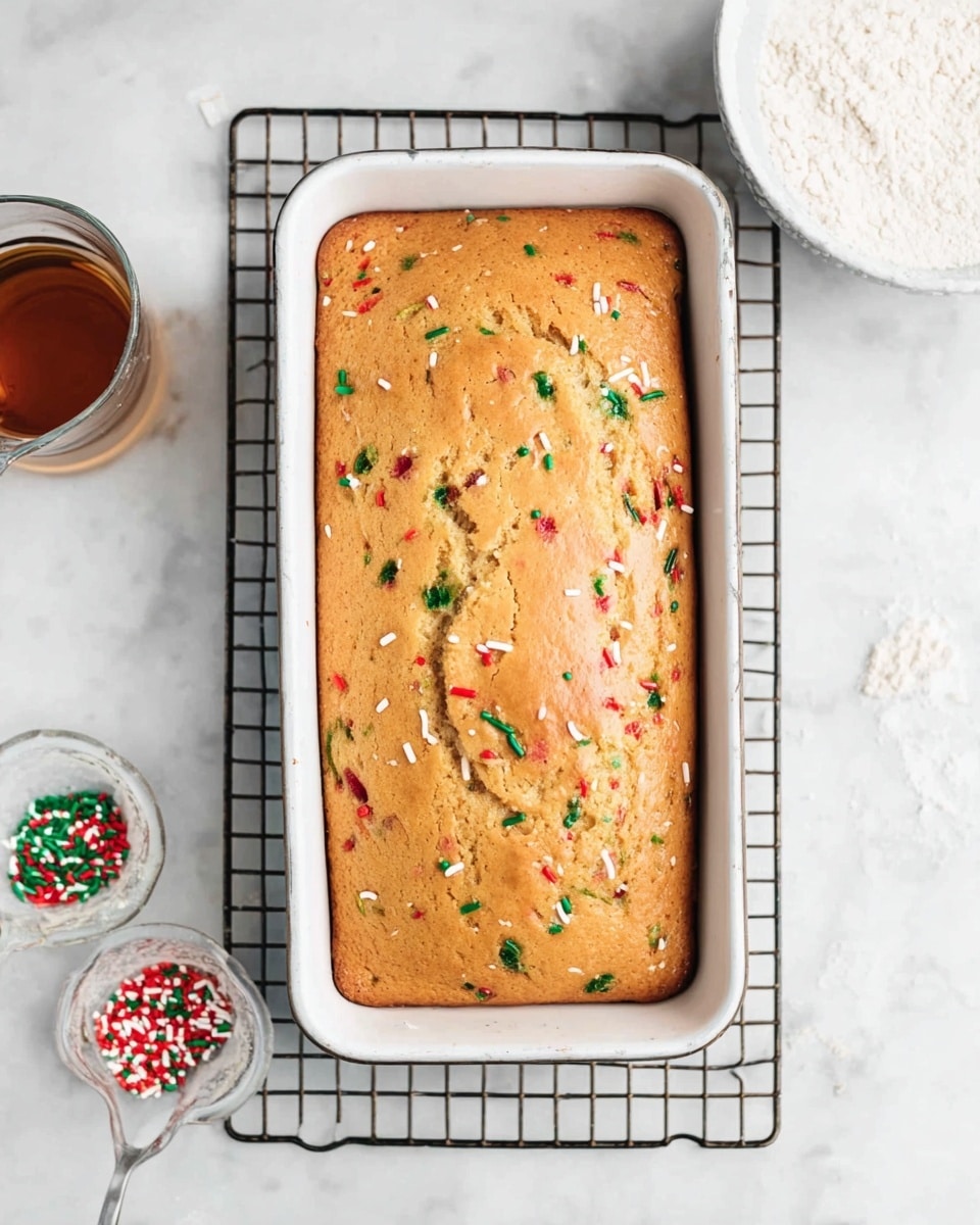The image shows a rectangular baked loaf with a light golden brown top, featuring colorful red, green, and white specks scattered throughout the surface, indicating sprinkles inside the batter. The loaf is inside a white baking pan resting on a metal wire rack, all placed on a white marbled tile background. Around the pan, there is a small glass cup with a brown liquid, a white bowl filled with red, green, and white sprinkles, and a bowl of white powder, likely flour, enhancing the baking setup. photo taken with an iphone --ar 4:5 --v 7