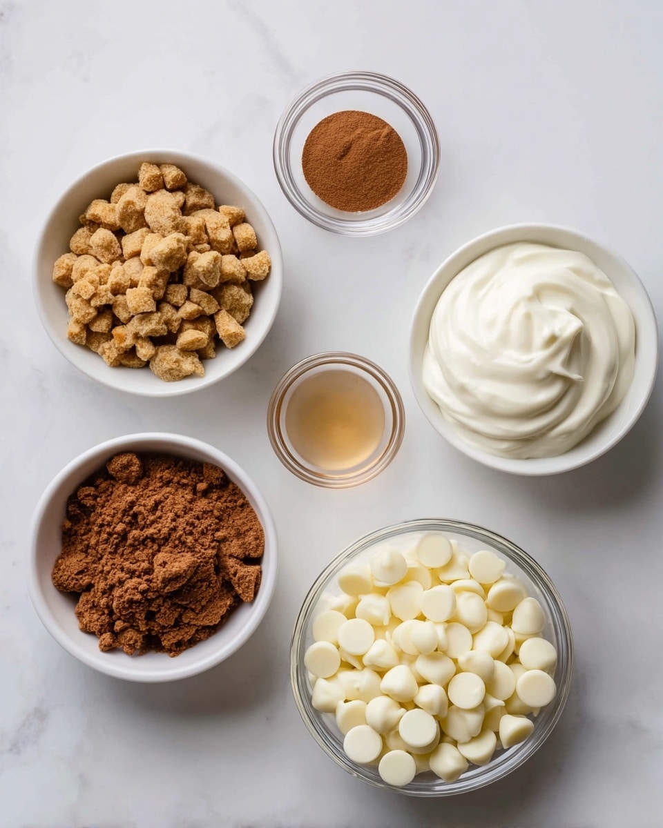 The image shows six small bowls arranged on a white marbled surface. The largest bowl at the bottom right is clear glass filled with a pile of white chocolate chips that are round and smooth. To its left is a small white bowl with a light brown liquid, likely vanilla extract. Above it, there are two small clear glass bowls with fine powders; the left one is cinnamon and the right one is another brown spice, both having a smooth texture. At the top left is a white bowl filled with coarse golden brown crumbly pieces that look like graham cracker crumbs. On the top right is a clear glass bowl full of smooth, thick, white cream, swirled to show its fluffy texture. The bowls are evenly spaced, creating a clean and organized layout. Photo taken with an iphone --ar 4:5 --v 7